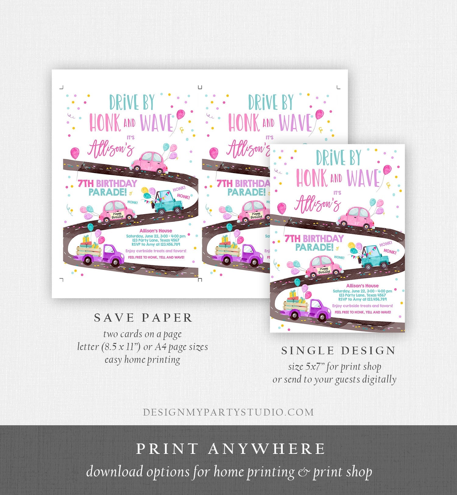 Editable Drive By Birthday Parade Invitation Virtual Party Invite Honk Wave Car Girl Pink Quarantine Instant Download Digital Corjl 0333