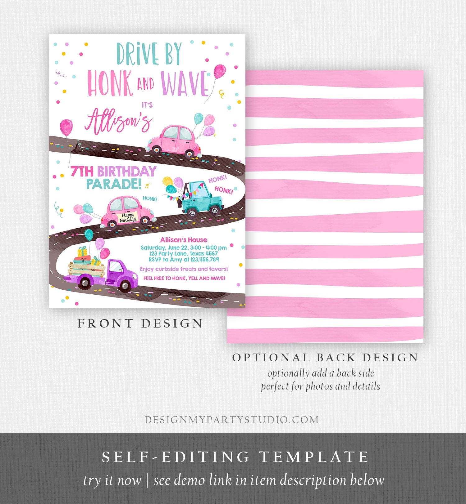 Editable Drive By Birthday Parade Invitation Virtual Party Invite Honk Wave Car Girl Pink Quarantine Instant Download Digital Corjl 0333