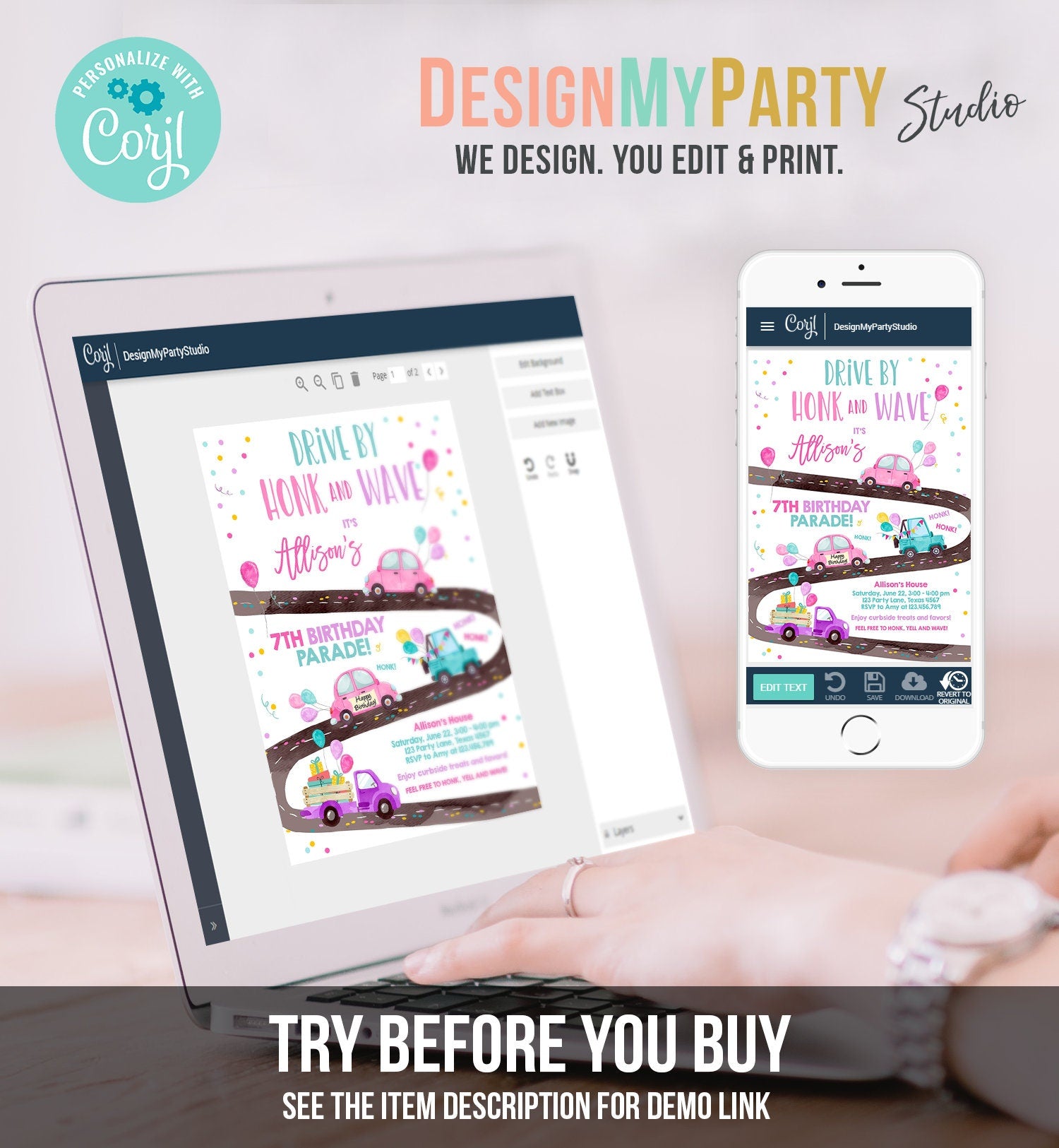 Editable Drive By Birthday Parade Invitation Virtual Party Invite Honk Wave Car Girl Pink Quarantine Instant Download Digital Corjl 0333