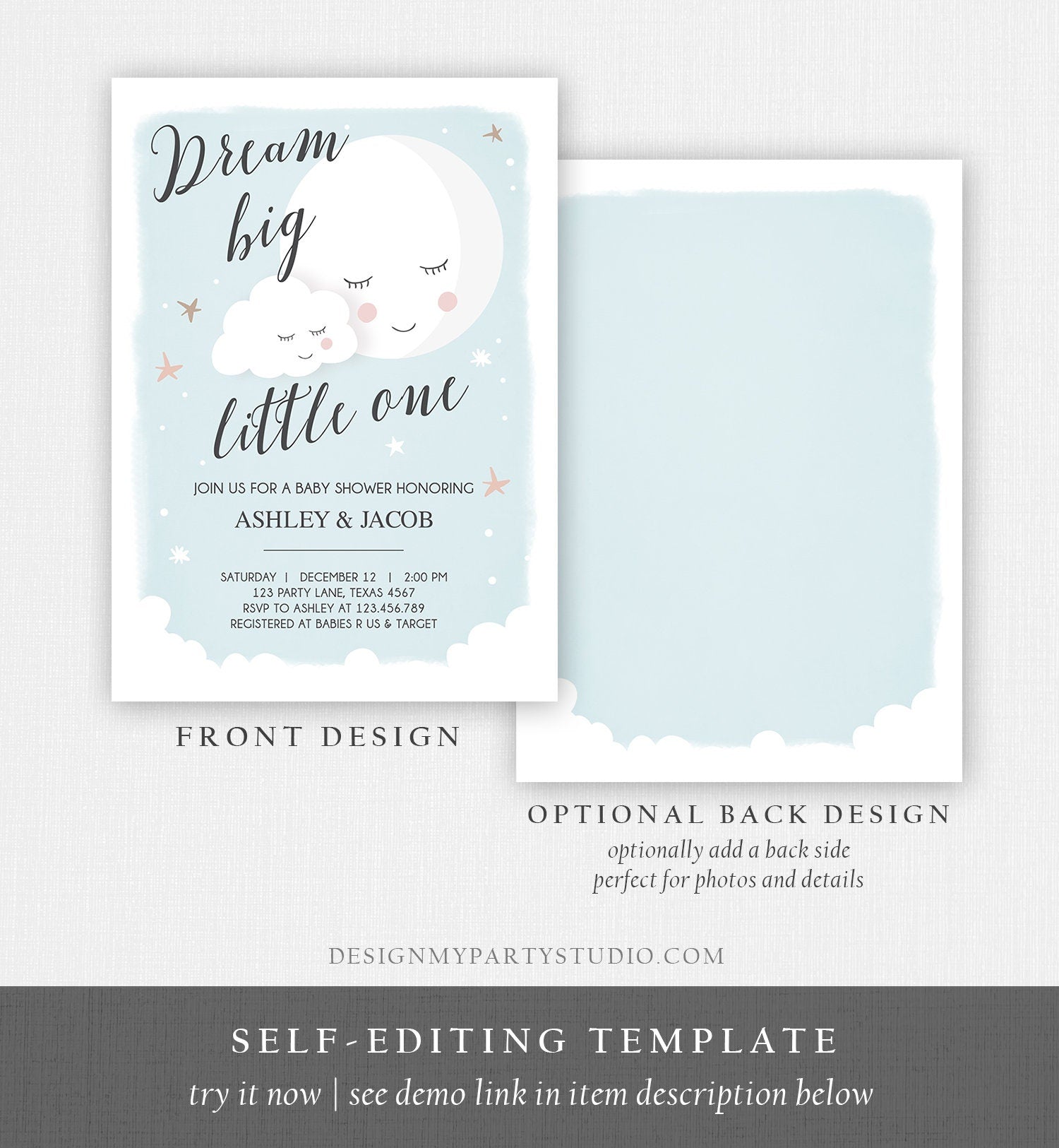 Editable Dream Big Little One Baby Shower Invitation Stars Moon and Back Invites Blue Boy Baby Shower Sprinkle Template Download Corjl 0113