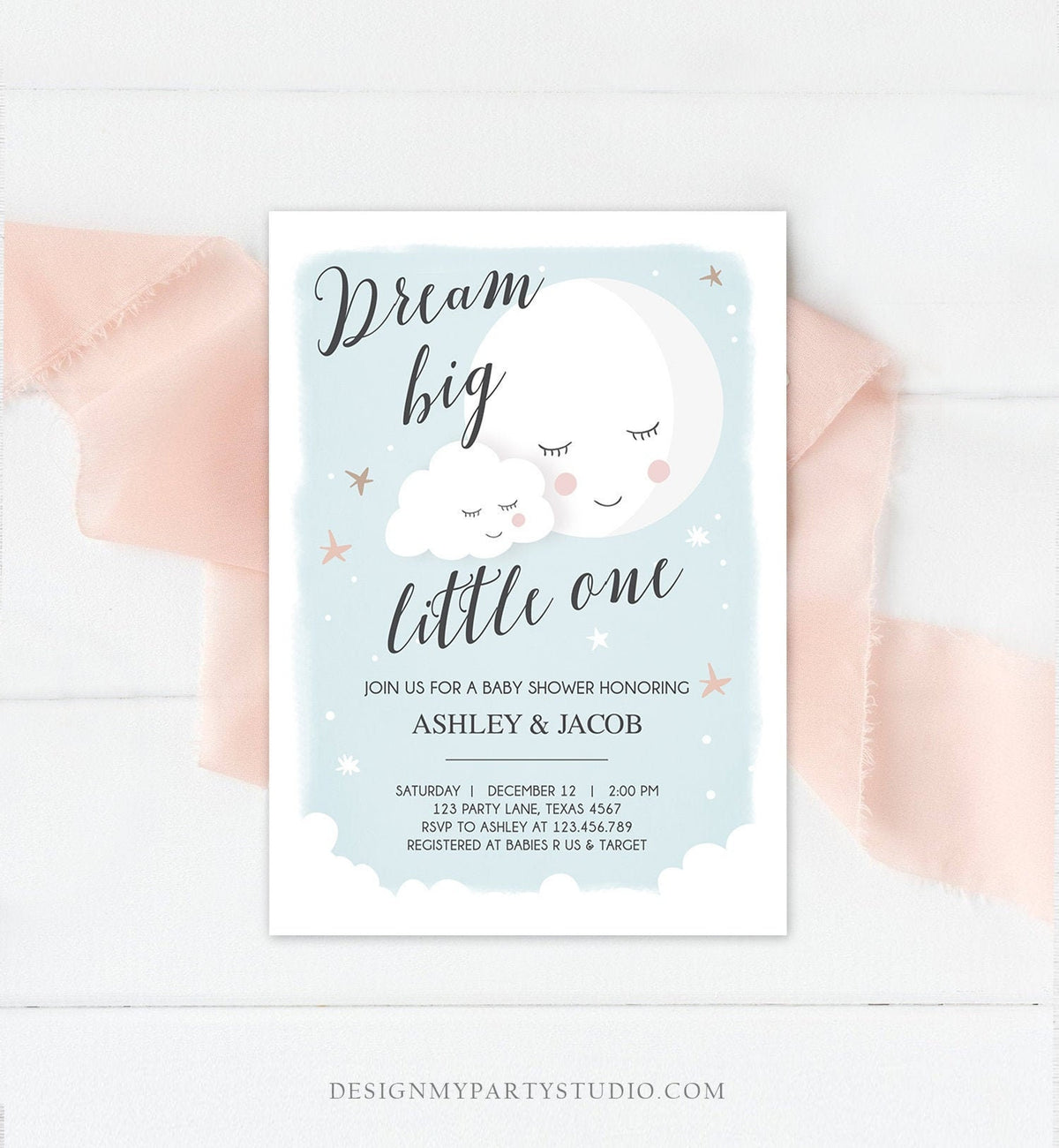 Editable Dream Big Little One Baby Shower Invitation Stars Moon and Back Invites Blue Boy Baby Shower Sprinkle Template Download Corjl 0113