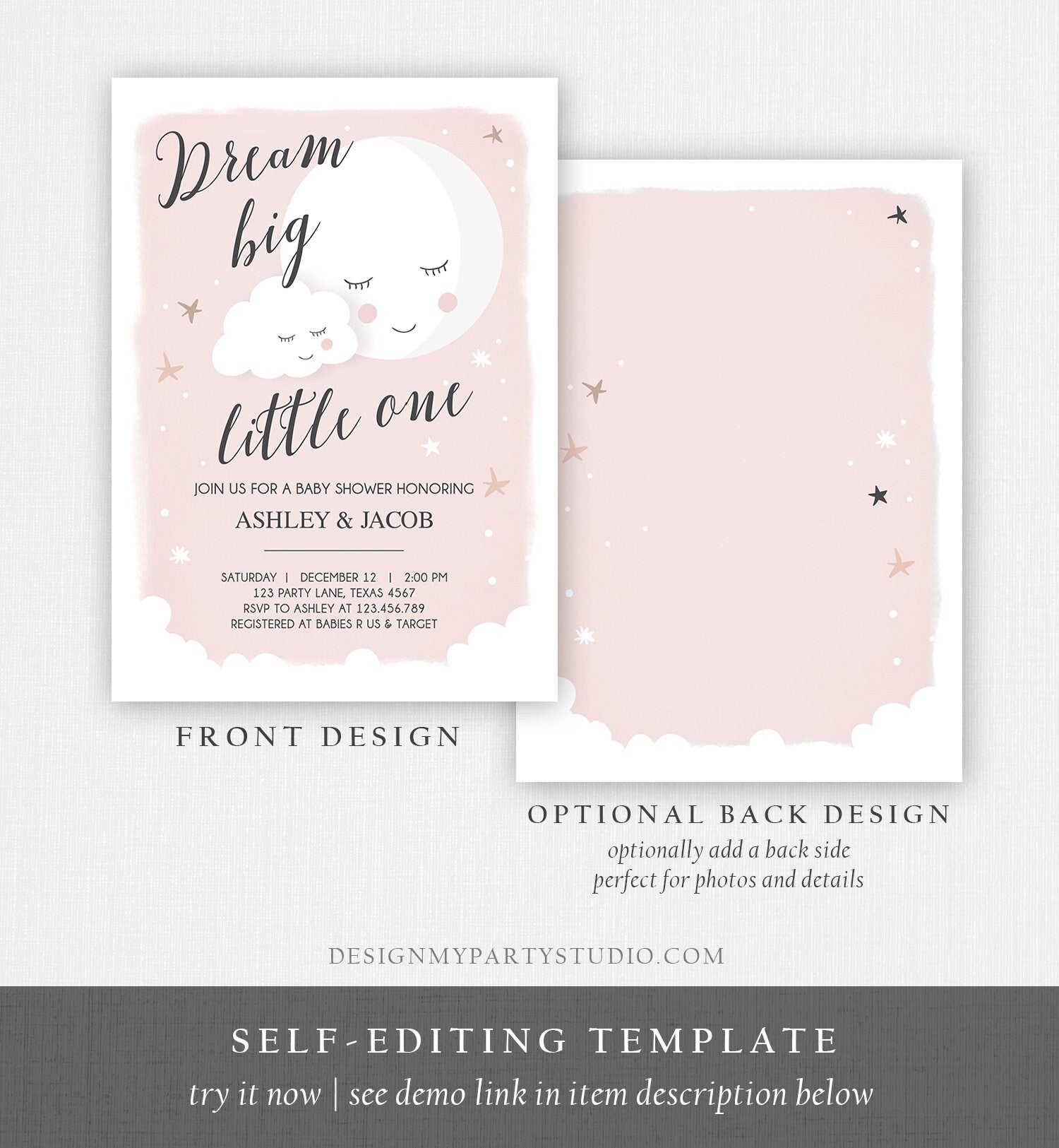 Editable Dream Big Little One Baby Shower Invitation Stars Moon and Back Invites Pink Girl Baby Shower Sprinkle Template Download Corjl 0113