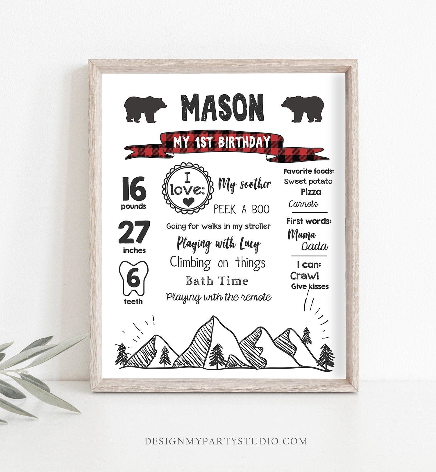 Editable Lumberjack Birthday Milestones Sign Mountains Bears Trees Woodland Boy Red Plaid First Birthday 1st Corjl Template Printable 0377