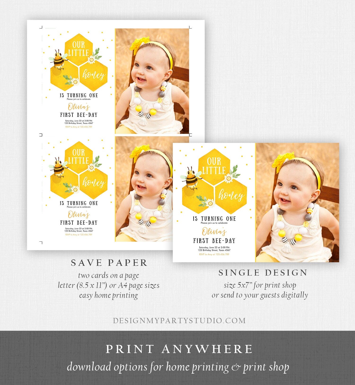 Editable Little Honey Birthday Party Invitation Bee-Day Invite Bee Party Bee Birthday Summer Download Printable Template Digital Corjl 0317