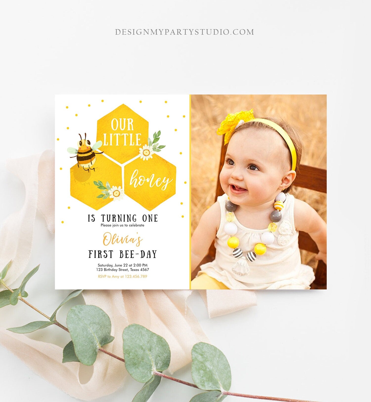 Editable Little Honey Birthday Party Invitation Bee-Day Invite Bee Party Bee Birthday Summer Download Printable Template Digital Corjl 0317