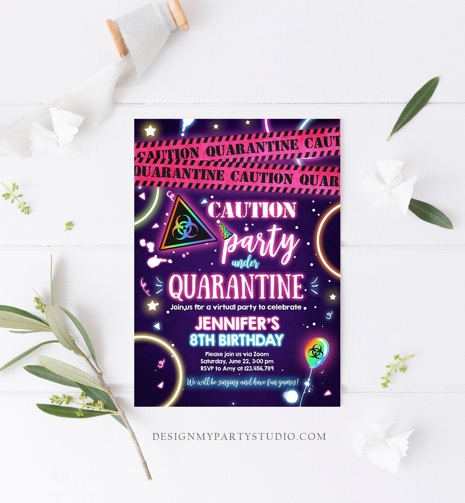 Editable Quarantine Birthday Invitation Virtual Party Quarantine Party Zoom Girl Pink No One Invited Hangout Corjl Template Printable 0334