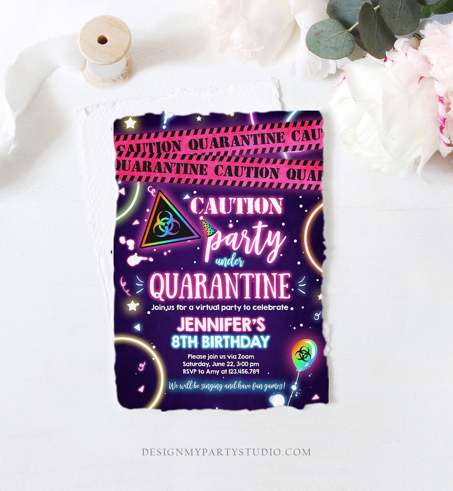 Editable Quarantine Birthday Invitation Virtual Party Quarantine Party Zoom Girl Pink No One Invited Hangout Corjl Template Printable 0334