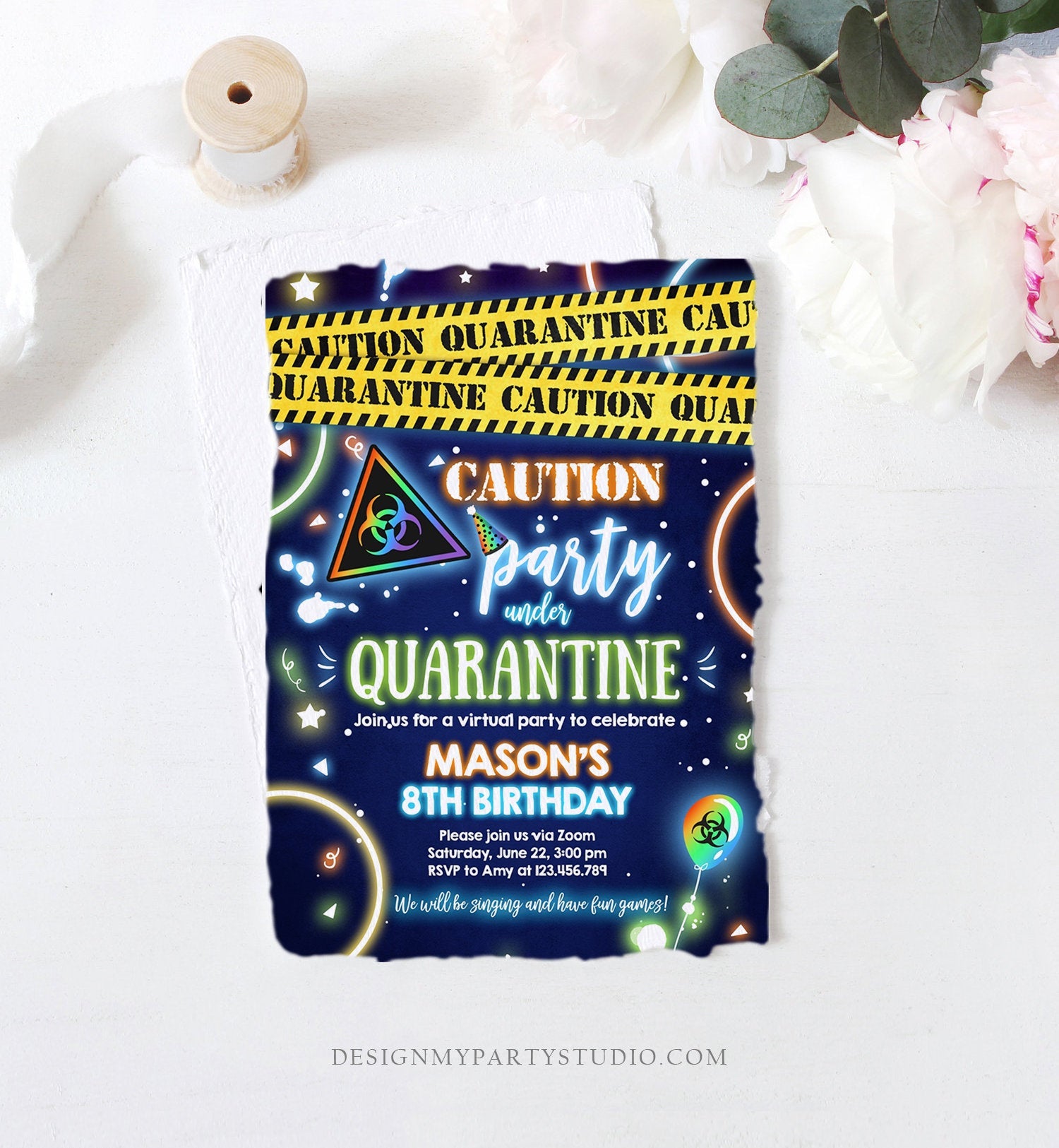 Editable Quarantine Birthday Invitation Virtual Party Quarantine Party Zoom Blue Boy No One Invited Hangout Corjl Template Printable 0334