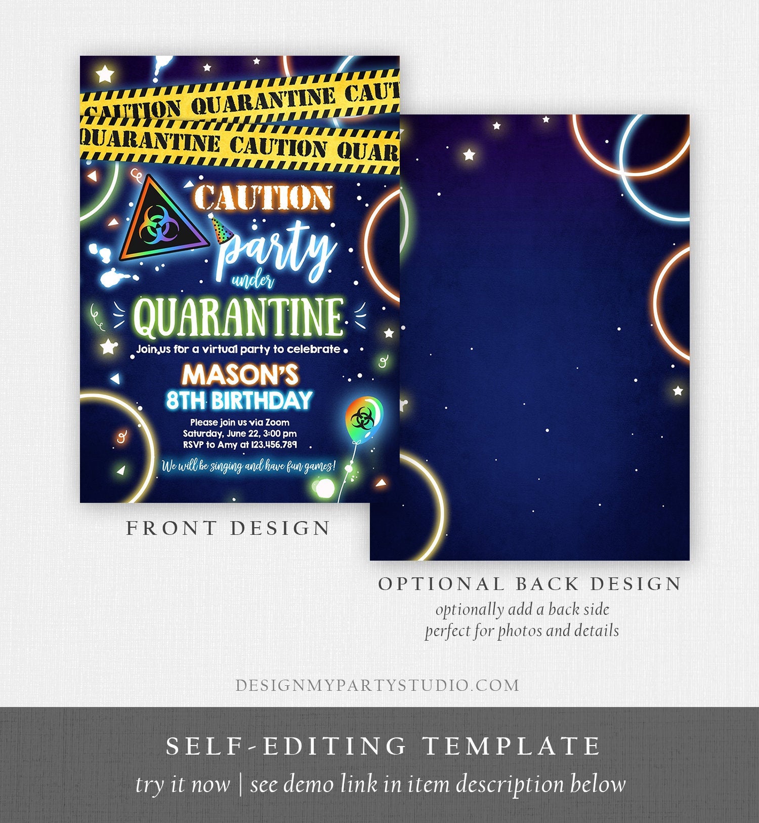 Editable Quarantine Birthday Invitation Virtual Party Quarantine Party Zoom Blue Boy No One Invited Hangout Corjl Template Printable 0334