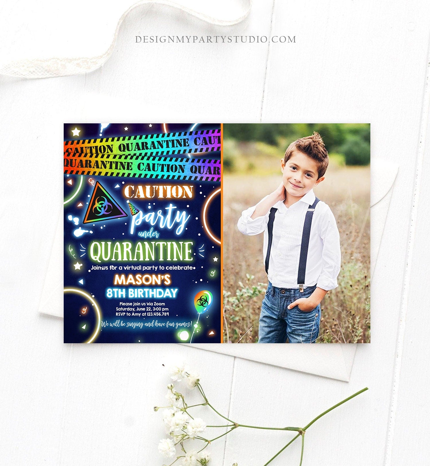 Editable Quarantine Birthday Invitation Virtual Party Quarantine Party Zoom Blue Boy No One Invited Hangout Corjl Template Printable 0334