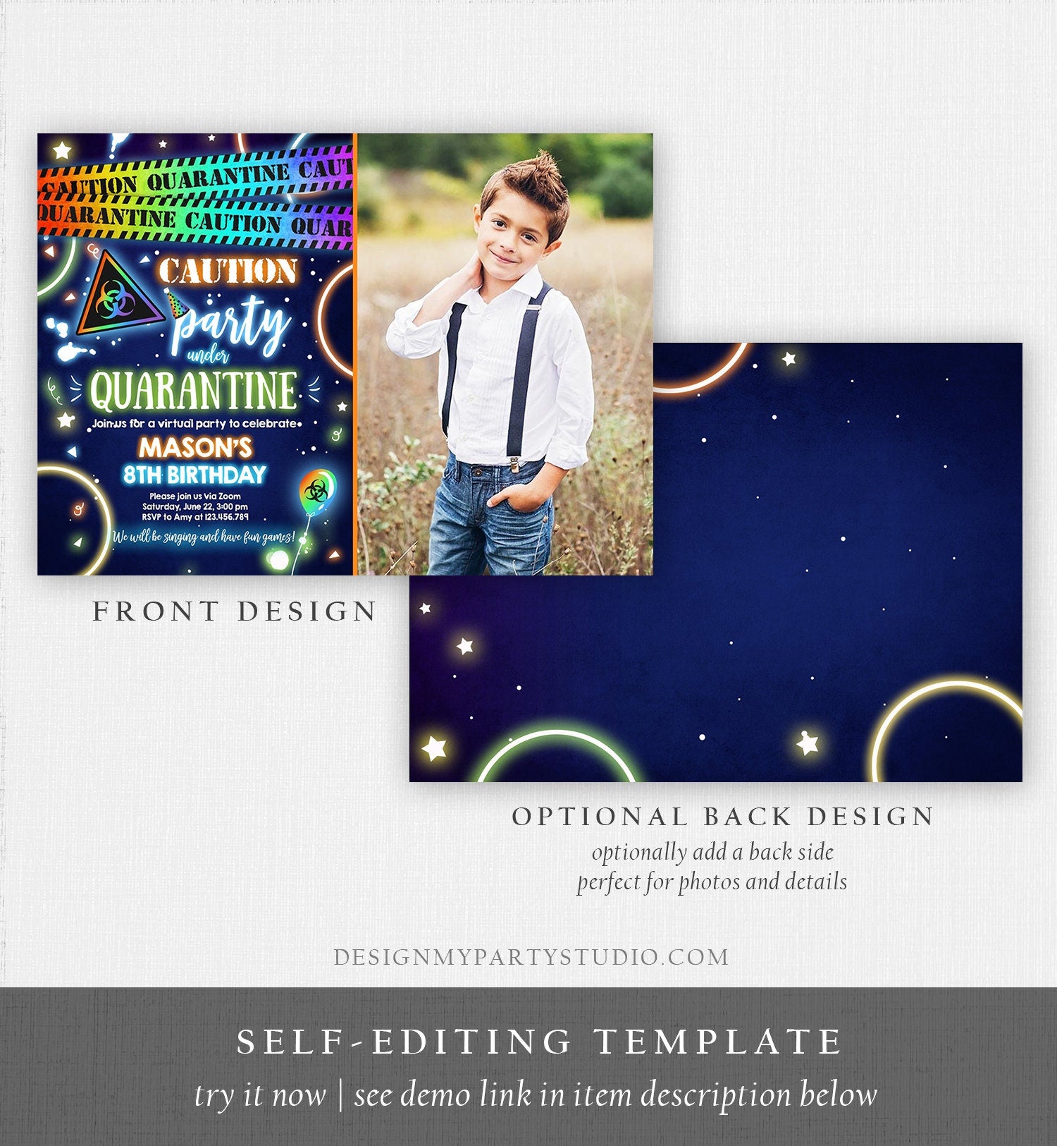 Editable Quarantine Birthday Invitation Virtual Party Quarantine Party Zoom Blue Boy No One Invited Hangout Corjl Template Printable 0334