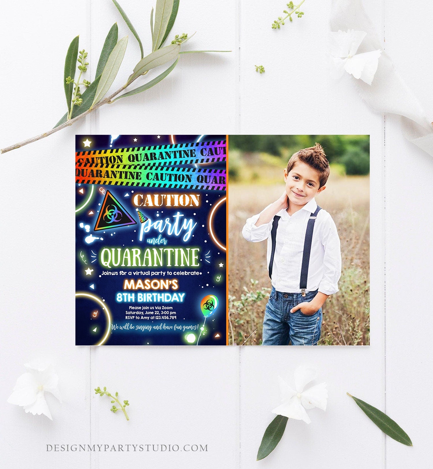 Editable Quarantine Birthday Invitation Virtual Party Quarantine Party Zoom Blue Boy No One Invited Hangout Corjl Template Printable 0334