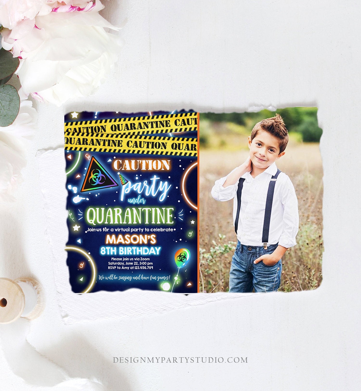 Editable Quarantine Birthday Invitation Virtual Party Quarantine Party Zoom Blue Boy No One Invited Hangout Corjl Template Printable 0334