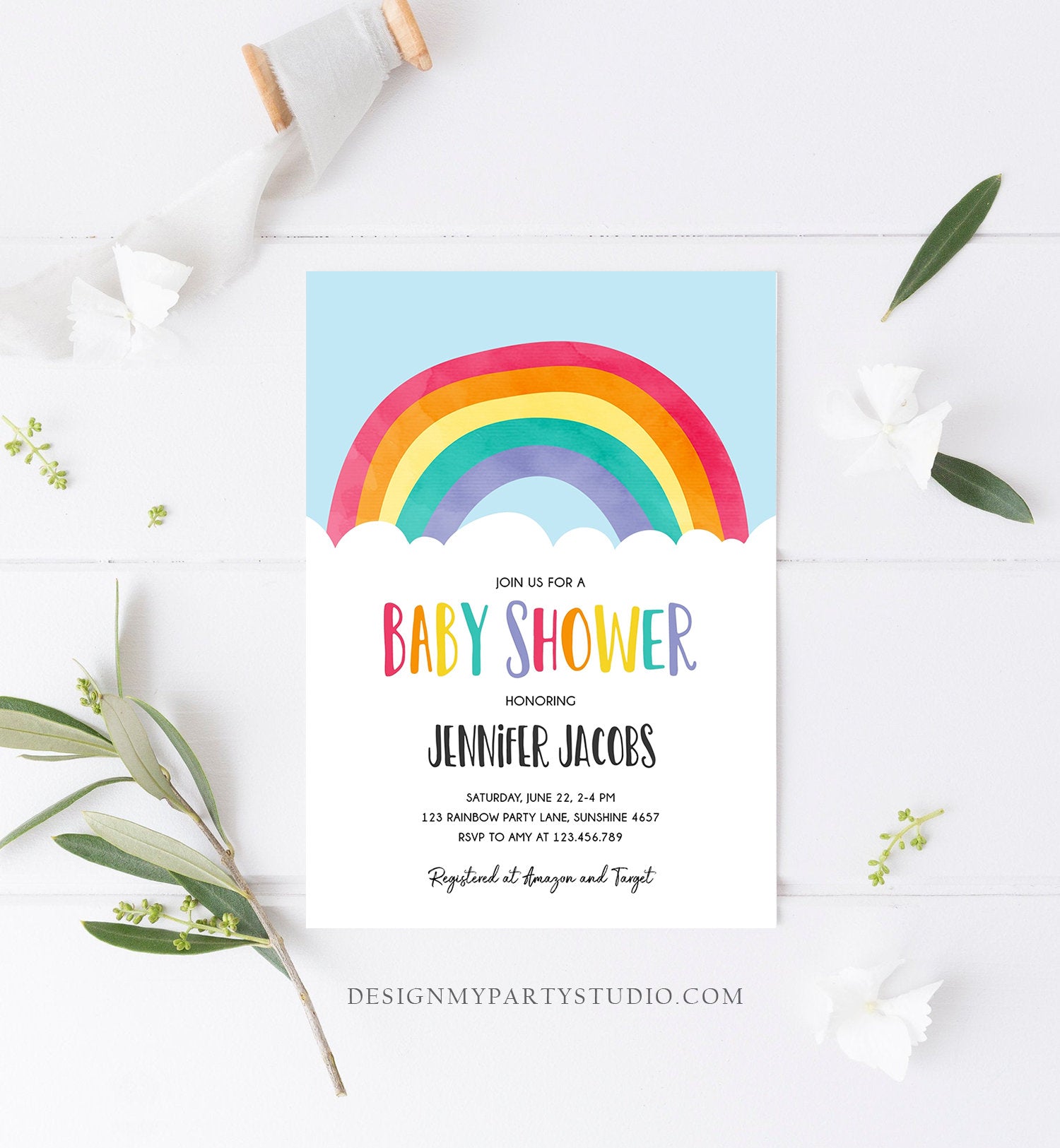 Editable Rainbow Baby Shower Invitation Boy or Girl Neutral Clouds Coed Over the Rainbow Pink or Blue Digital Corjl Template Printable 0272