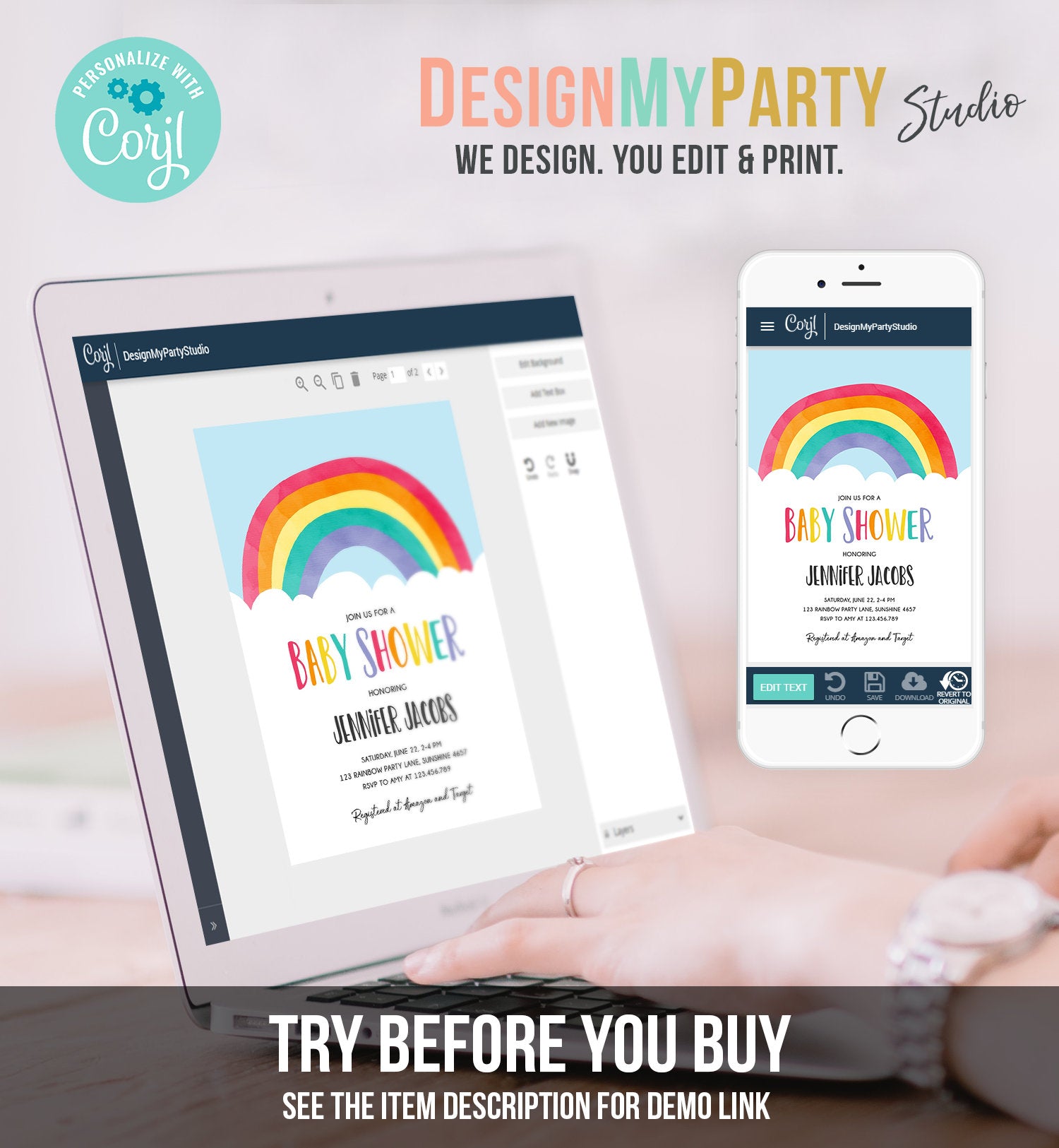 Editable Rainbow Baby Shower Invitation Boy or Girl Neutral Clouds Coed Over the Rainbow Pink or Blue Digital Corjl Template Printable 0272