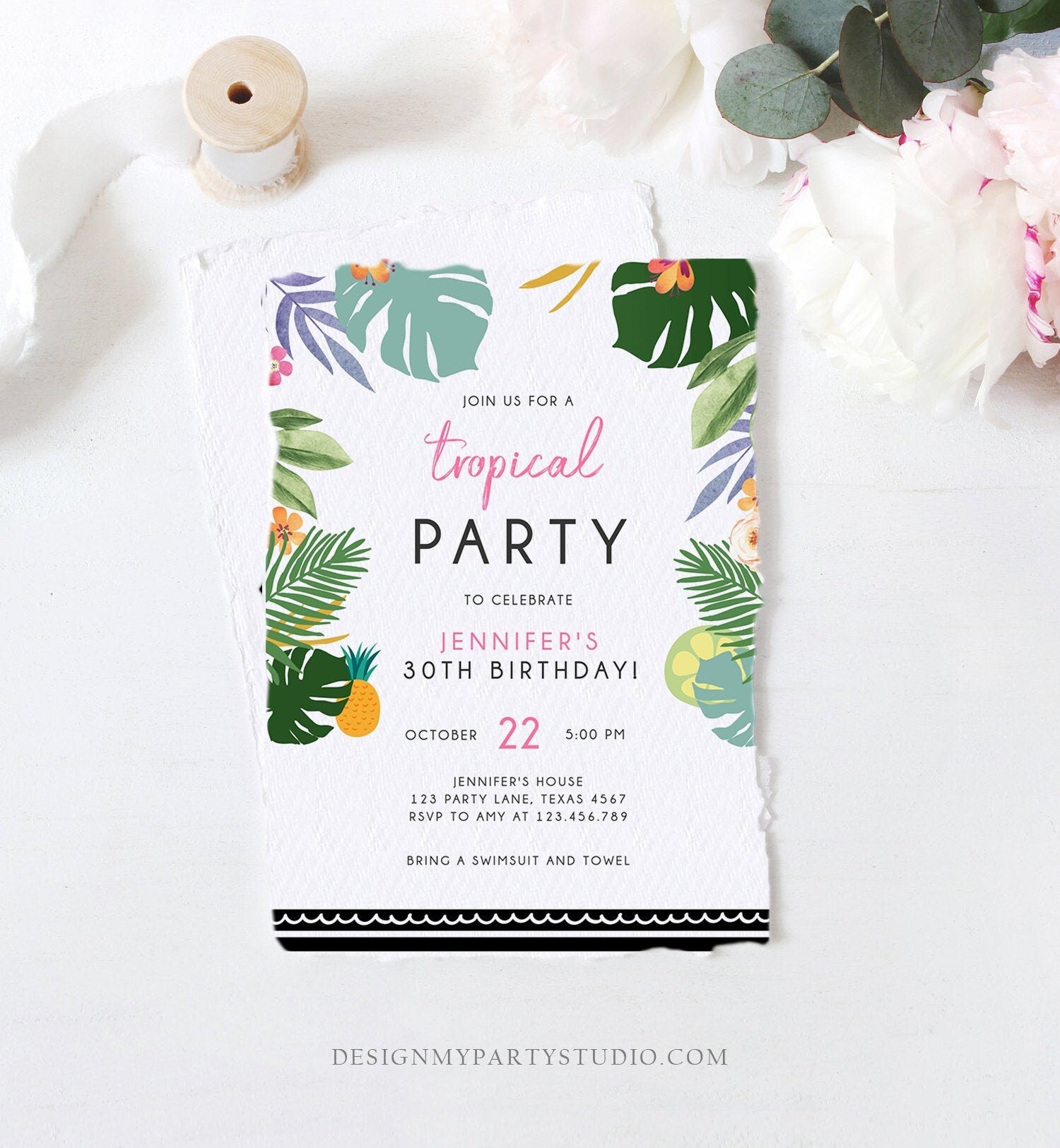 Editable Tropical Birthday Invitation Tropical Party Adult 30th 40th Birthday Pink Woman Palm Leaves Hawaiian Printable Template Corjl 0183