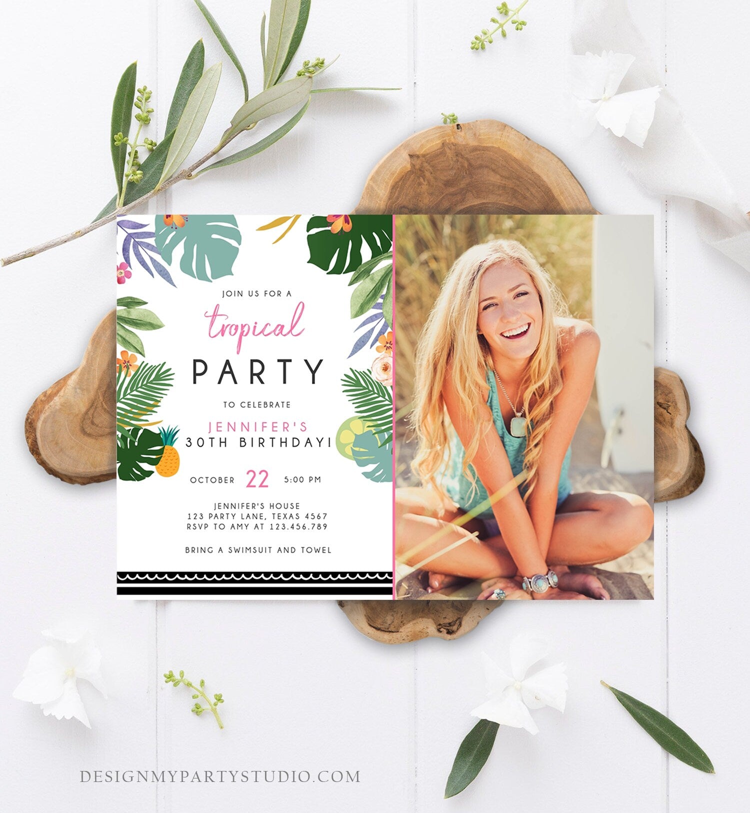 Editable Tropical Birthday Invitation Tropical Party Adult 30th 40th Birthday Pink Woman Palm Leaves Hawaiian Printable Template Corjl 0183