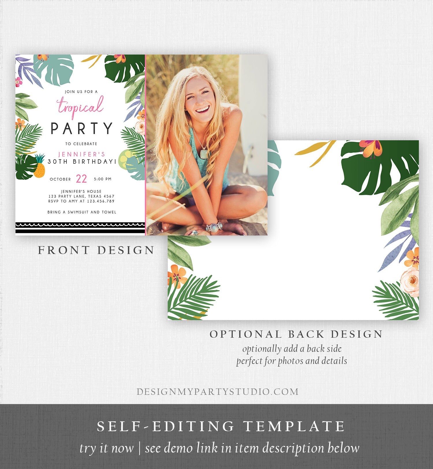 Editable Tropical Birthday Invitation Tropical Party Adult 30th 40th Birthday Pink Woman Palm Leaves Hawaiian Printable Template Corjl 0183