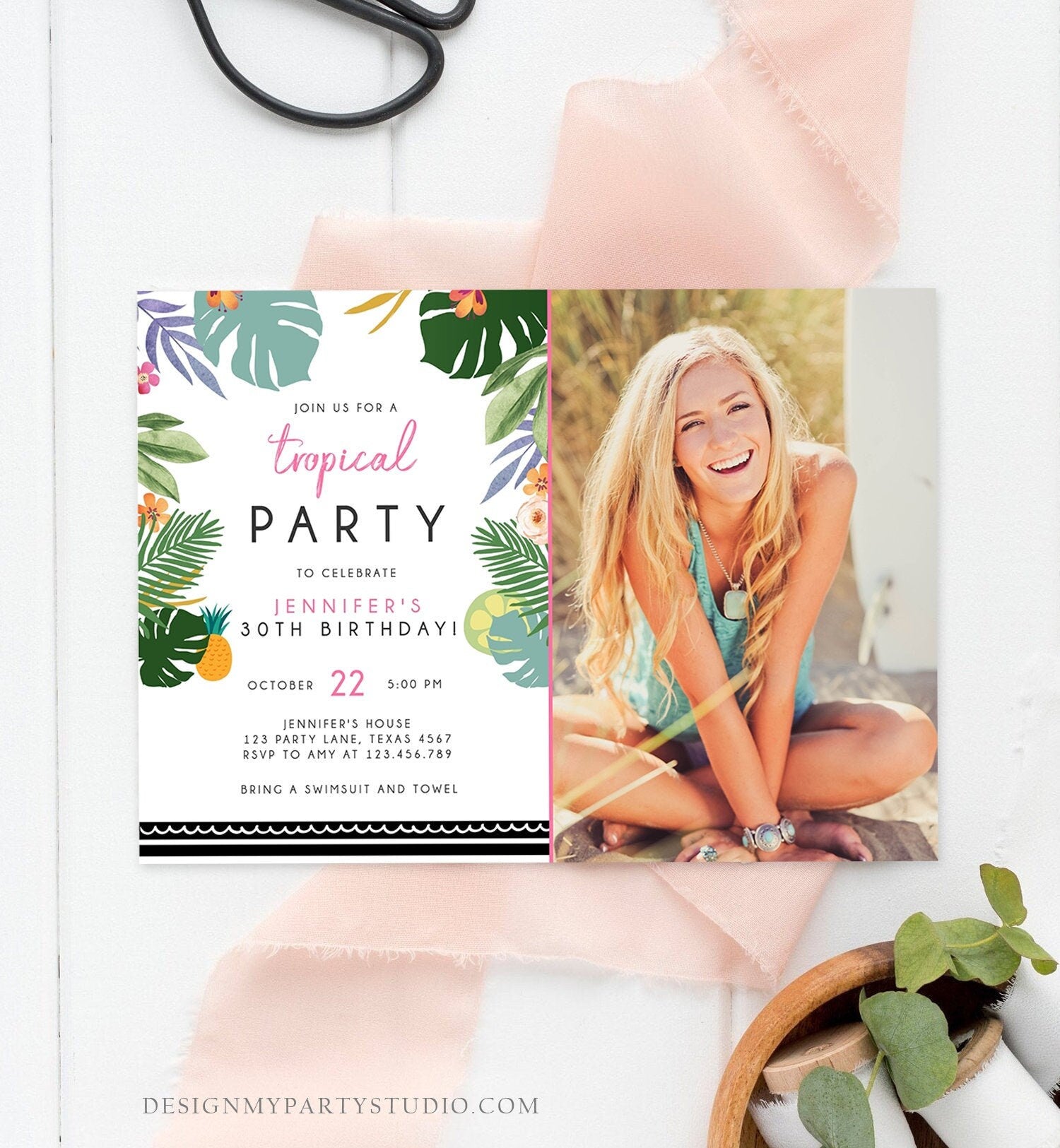 Editable Tropical Birthday Invitation Tropical Party Adult 30th 40th Birthday Pink Woman Palm Leaves Hawaiian Printable Template Corjl 0183