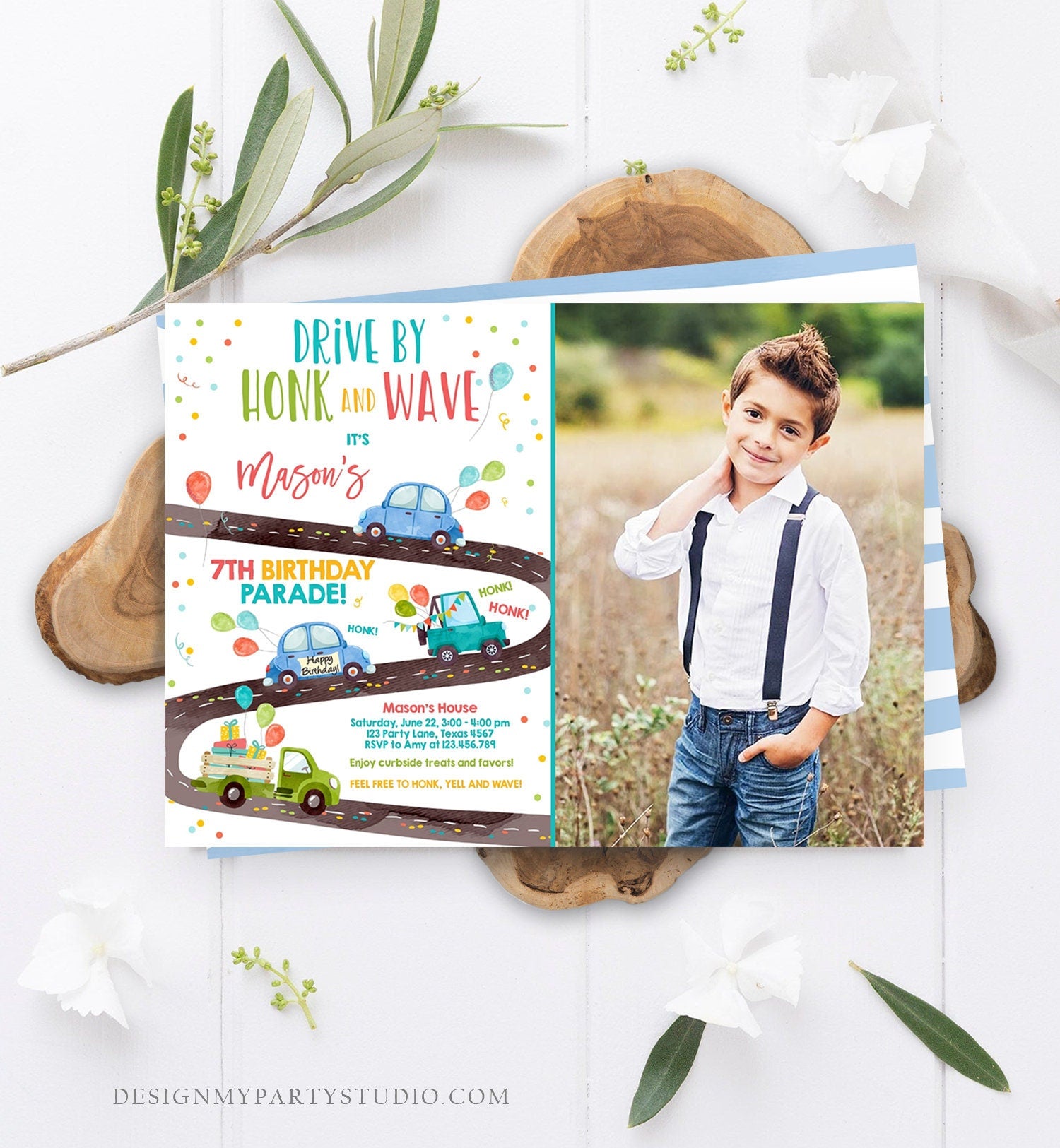 Editable Drive By Birthday Parade Invitation Virtual Party Invite Honk Wave Car Boy Blue Quarantine Instant Download Digital Corjl 0333