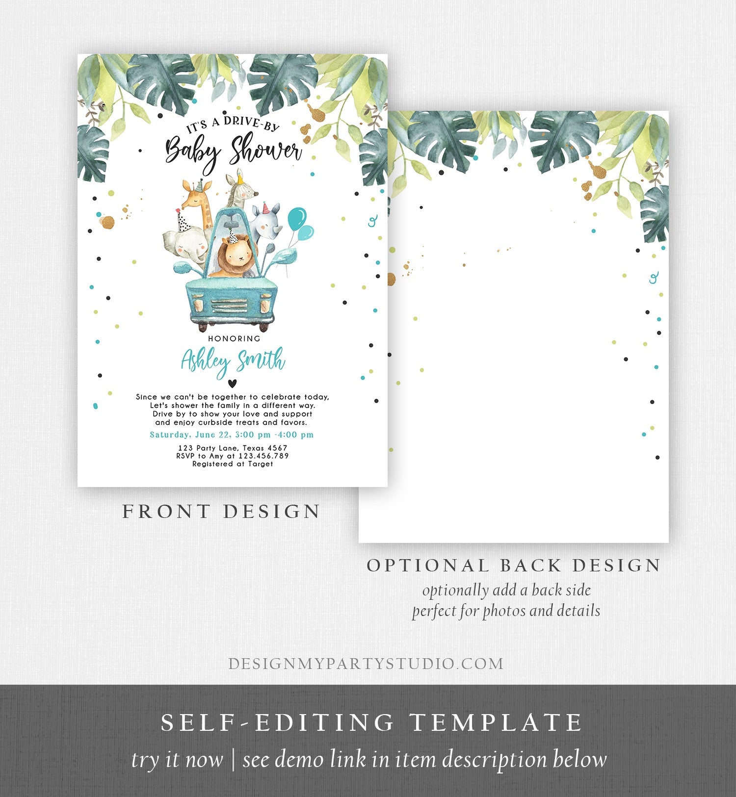 Editable Drive By Baby Shower Invitation Safari Animals Coed Shower Drive Through Quarantine Blue Boy Sprinkle Template Download Corjl 0163