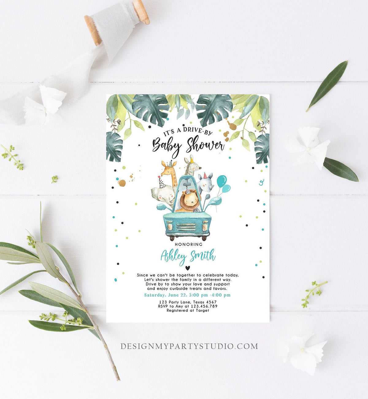 Editable Drive By Baby Shower Invitation Safari Animals Coed Shower Drive Through Quarantine Blue Boy Sprinkle Template Download Corjl 0163