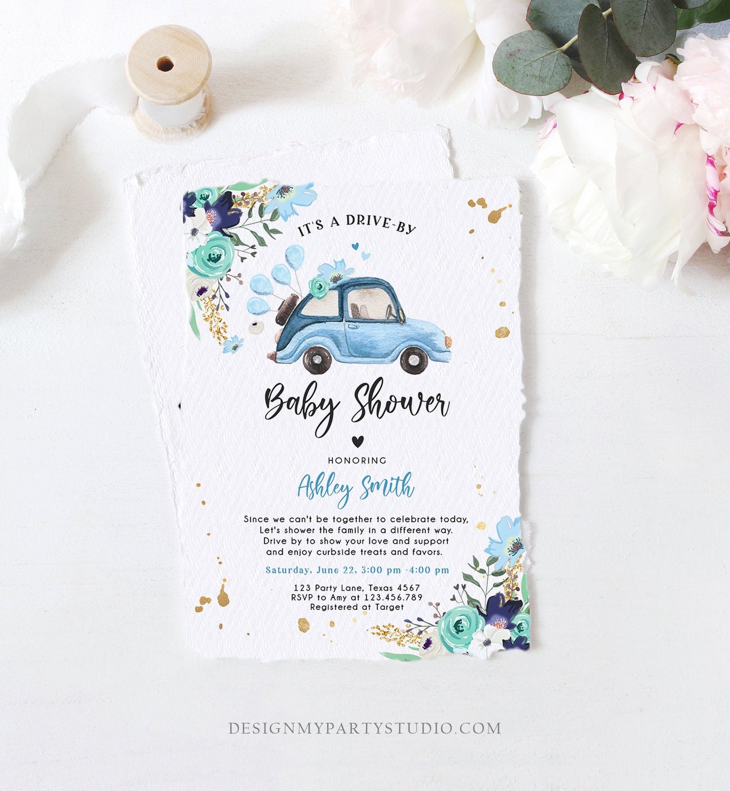 Editable Drive By Baby Shower Invitation Blue Girl Boy Baby Shower Invite Quarantine Drive Through Floral Sprinkle Corjl Template 0335