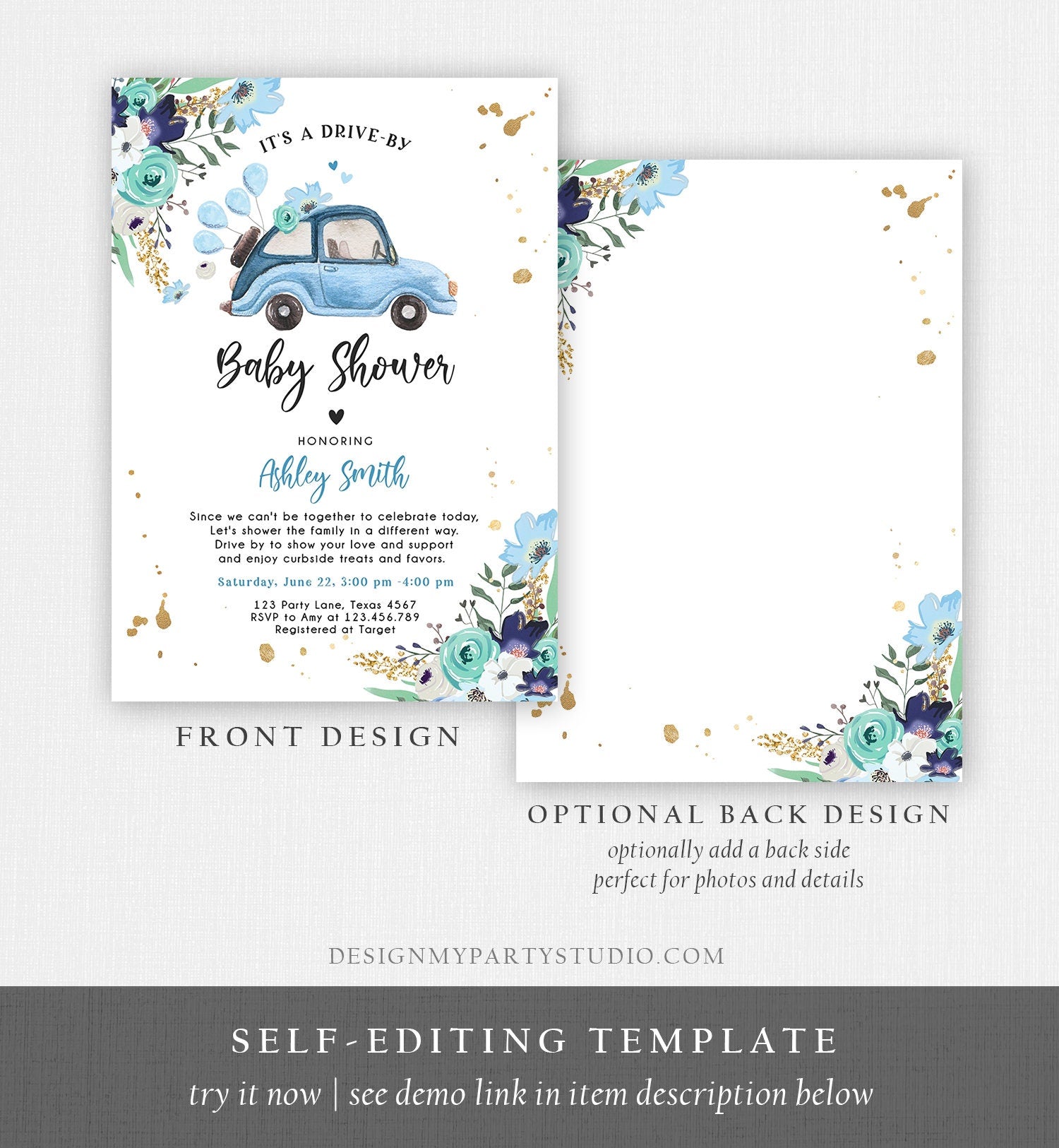 Editable Drive By Baby Shower Invitation Blue Girl Boy Baby Shower Invite Quarantine Drive Through Floral Sprinkle Corjl Template 0335