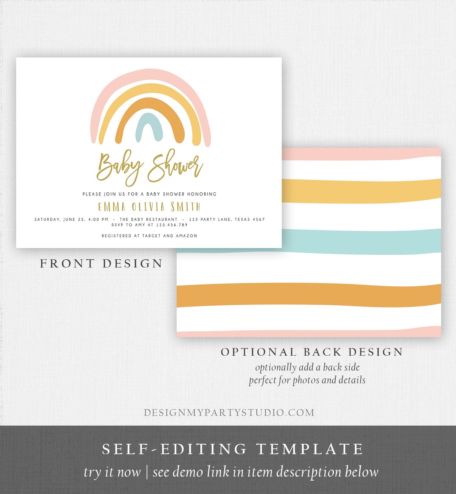 Editable Rainbow Baby Shower Invitation Muted Rainbow Invitation Gender Neutral Pastel Birthday Pink Girl Bow Download Corjl Template 0331