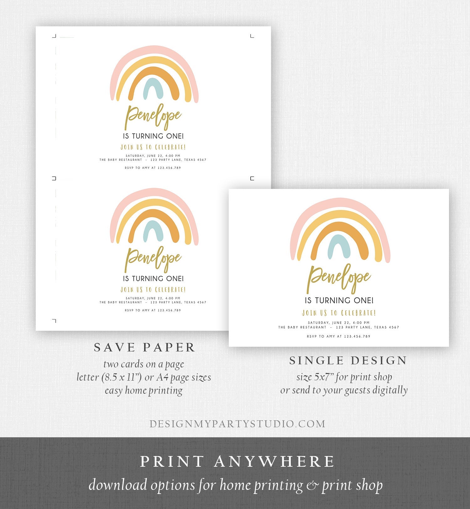 Editable Rainbow Birthday Invitation Muted Rainbow Invitation Pastel 1st Birthday Pink Girl Any Age First Bday Download Corjl Template 0331