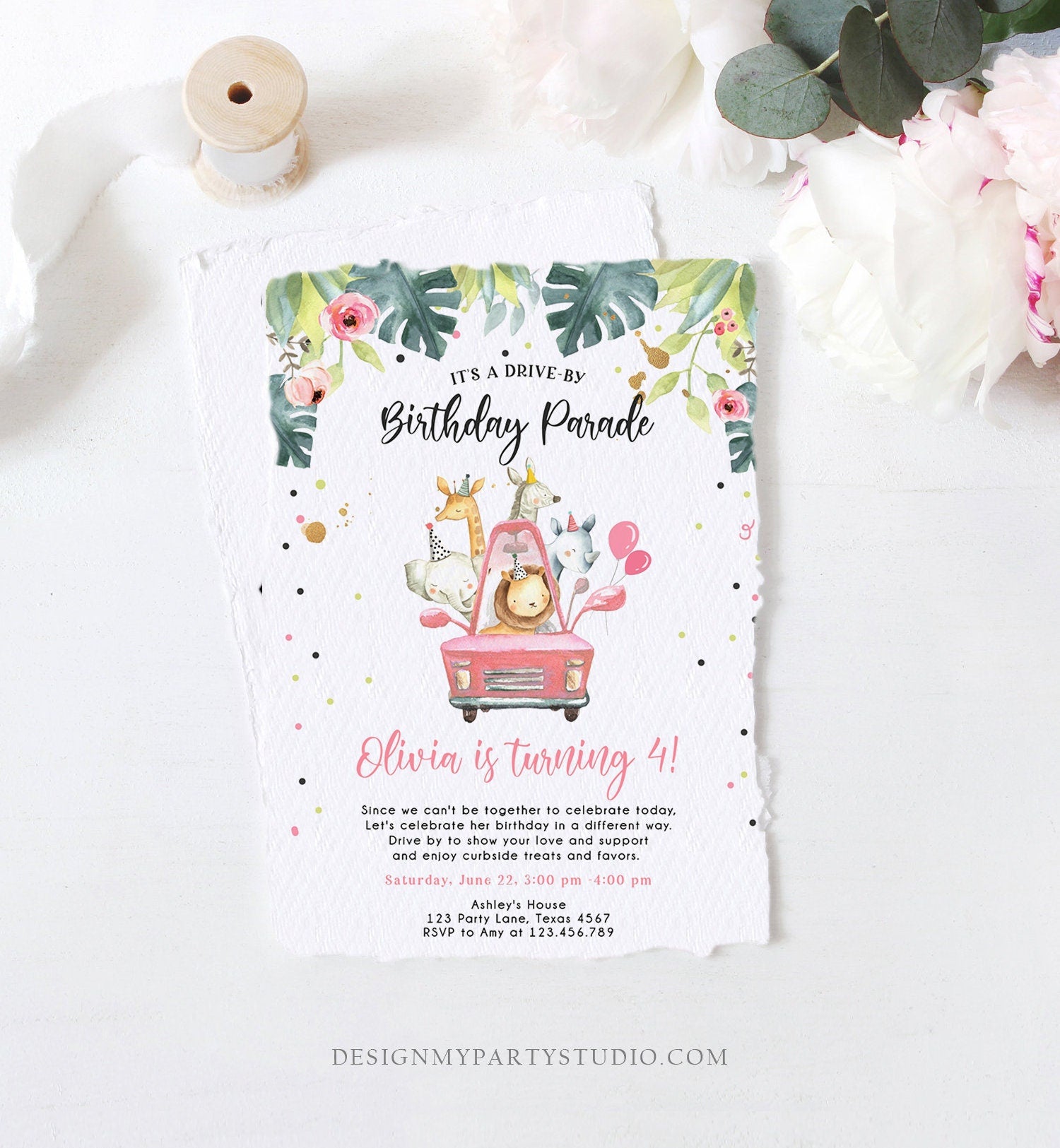 Editable Drive By Birthday Parade Invitation Girl Pink Gold Safari Animals Car Drive Through Quarantine Social Distancing Party Corjl 0345