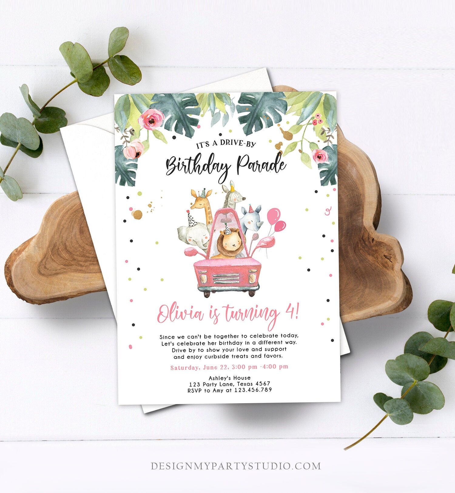 Editable Drive By Birthday Parade Invitation Girl Pink Gold Safari Animals Car Drive Through Quarantine Social Distancing Party Corjl 0345