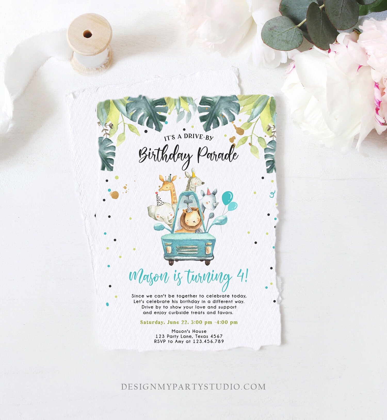 Editable Drive By Birthday Parade Invitation Boy Blue Gold Safari Animals Car Drive Through Quarantine Social Distancing Party Corjl 0345