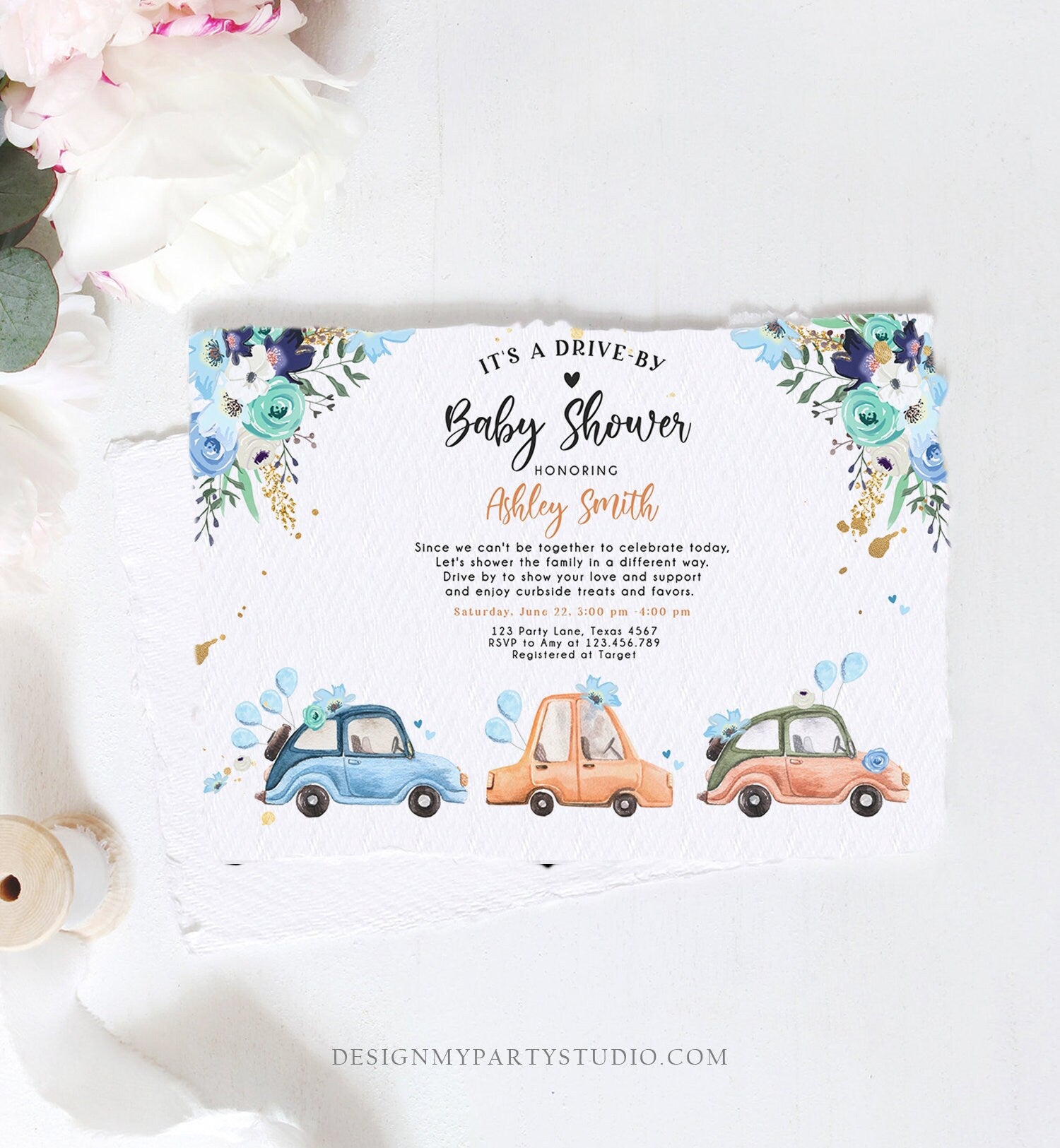 Editable Drive By Baby Shower Invitation Navy Blue Floral Boy Coed Shower Quarantine Drive Through Sprinkle Template Download Corjl 0335