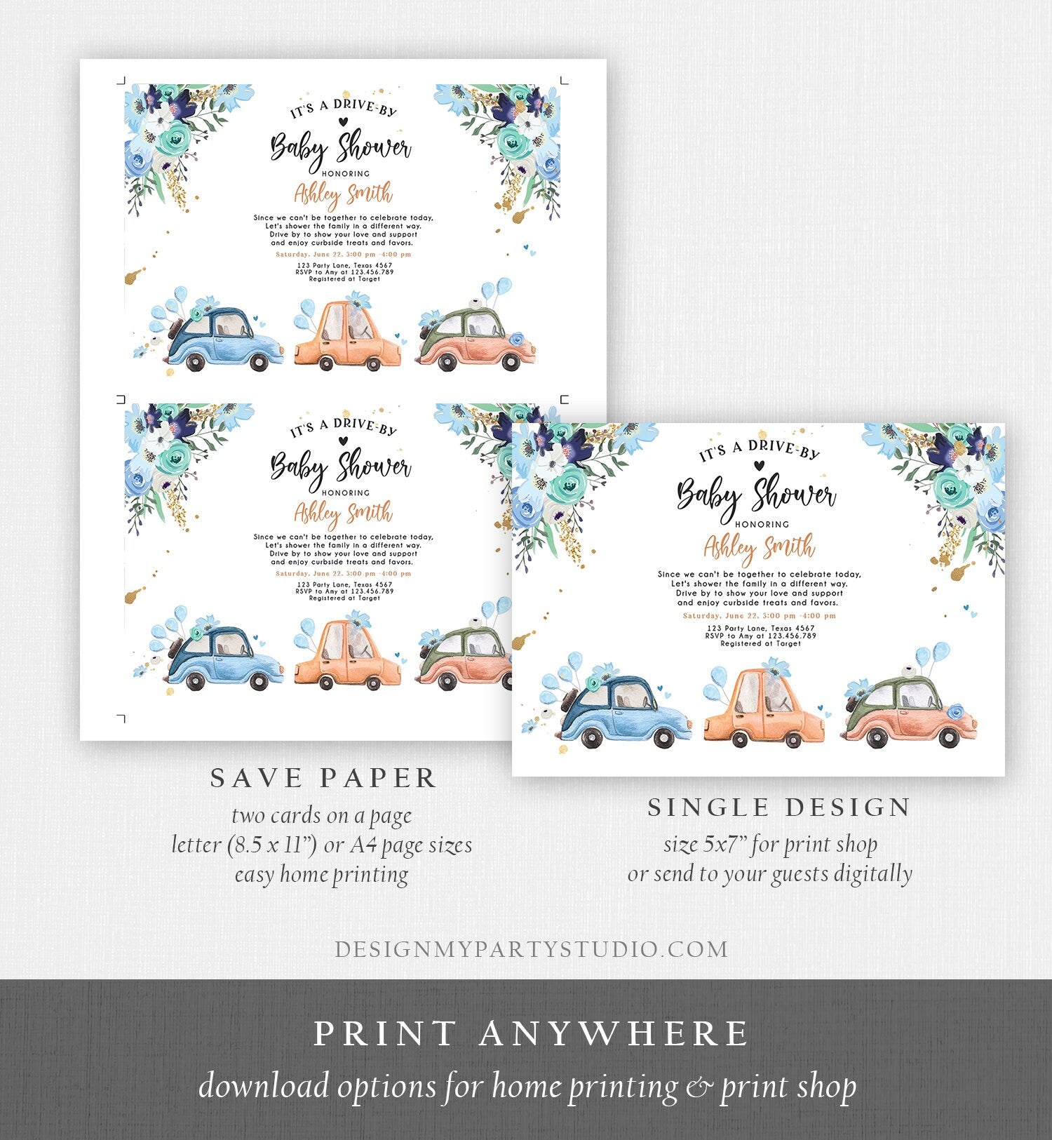 Editable Drive By Baby Shower Invitation Navy Blue Floral Boy Coed Shower Quarantine Drive Through Sprinkle Template Download Corjl 0335