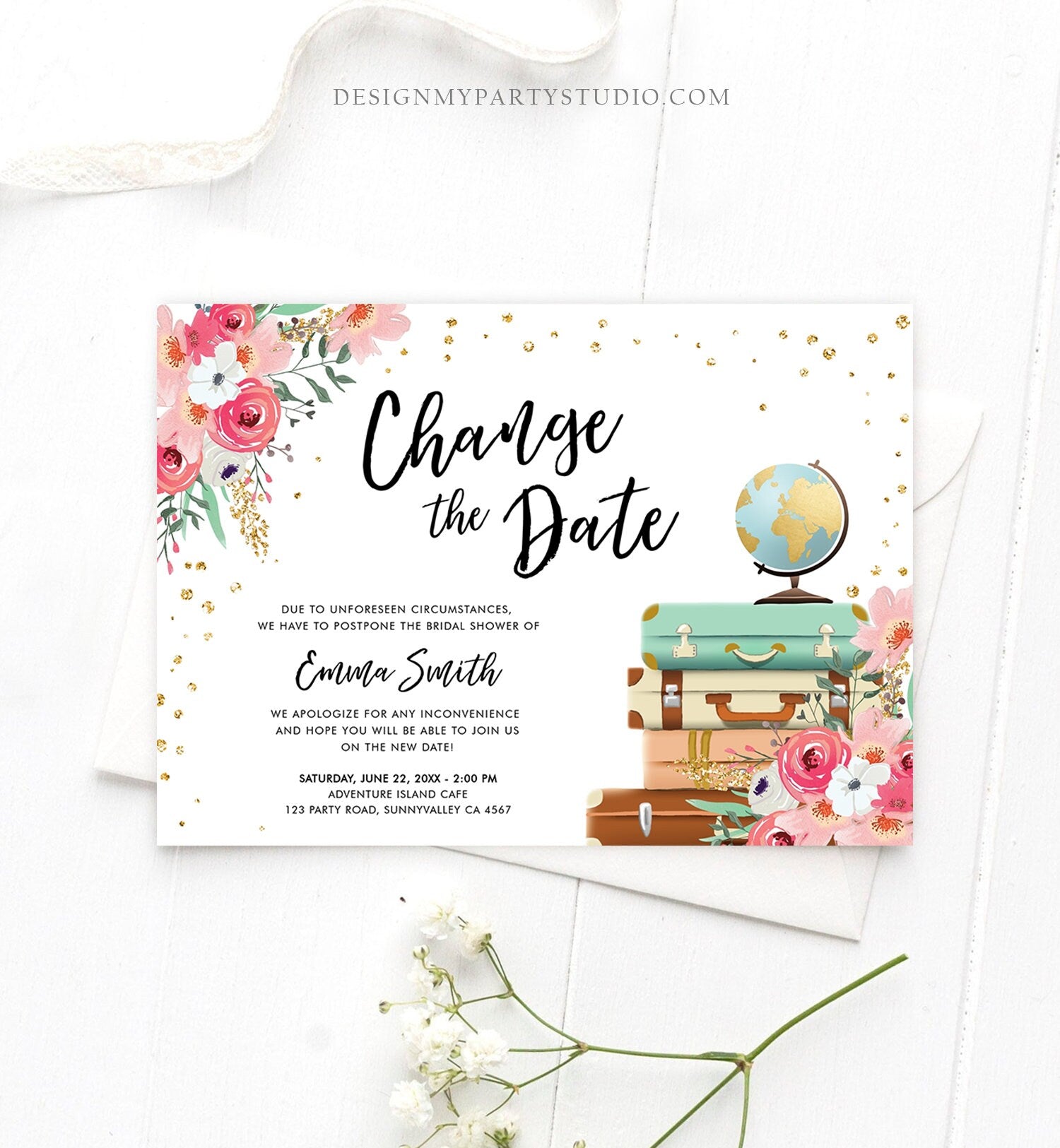 Editable Change the Date Announcement Bridal Shower Wedding Postponement Change of Plans Travel Adventure Pink Floral Corjl Template 0030