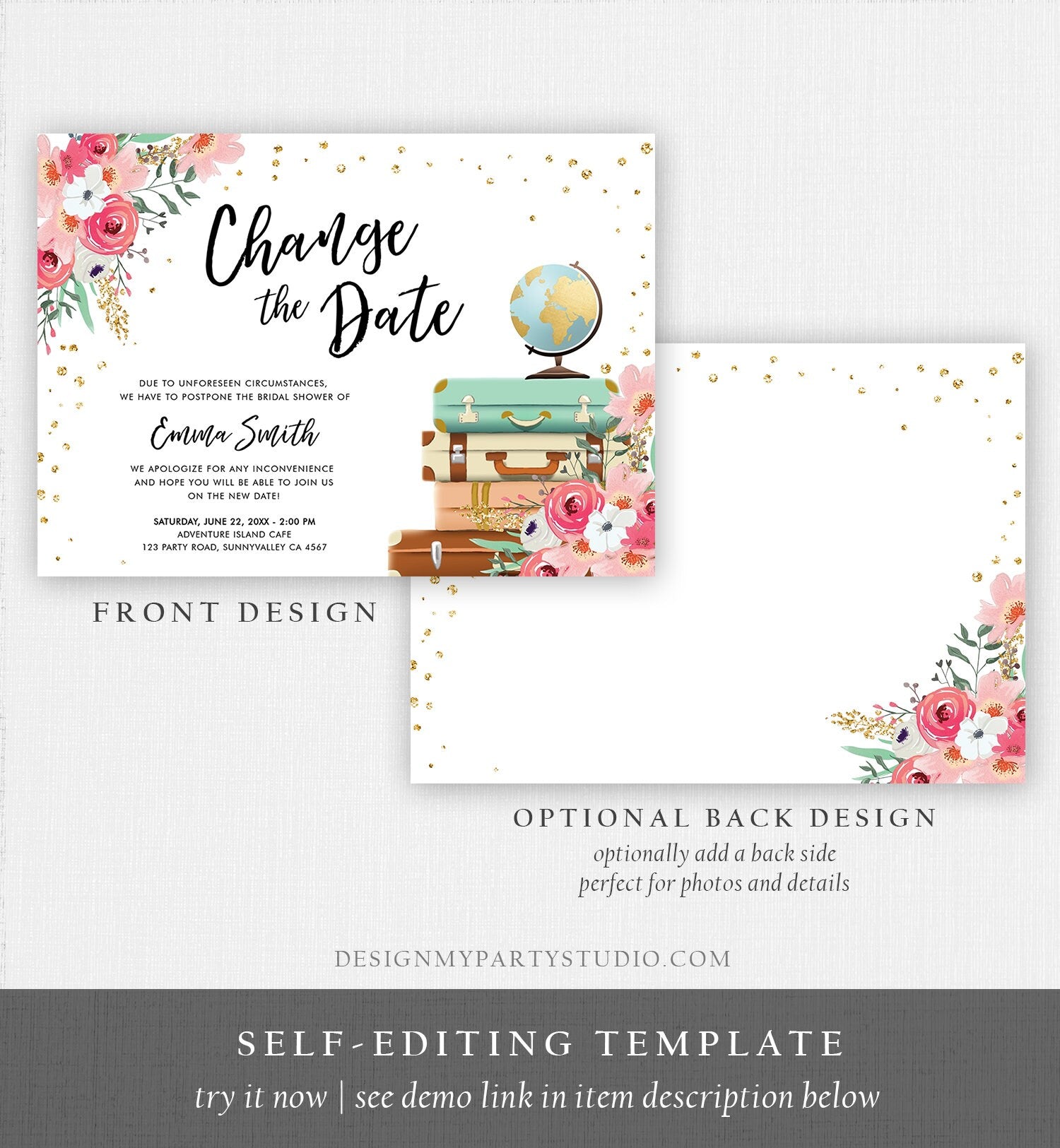 Editable Change the Date Announcement Bridal Shower Wedding Postponement Change of Plans Travel Adventure Pink Floral Corjl Template 0030