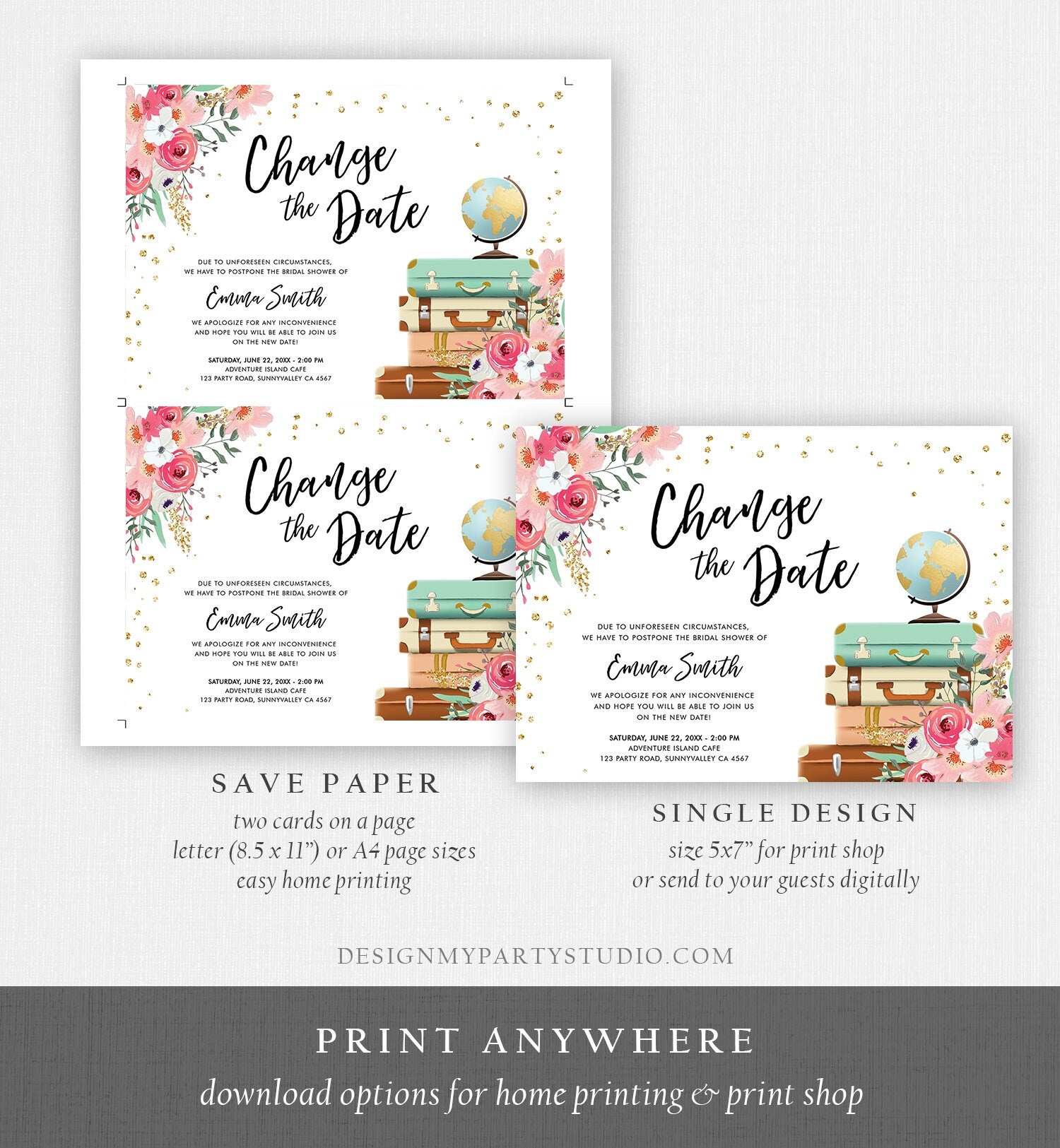 Editable Change the Date Announcement Bridal Shower Wedding Postponement Change of Plans Travel Adventure Pink Floral Corjl Template 0030