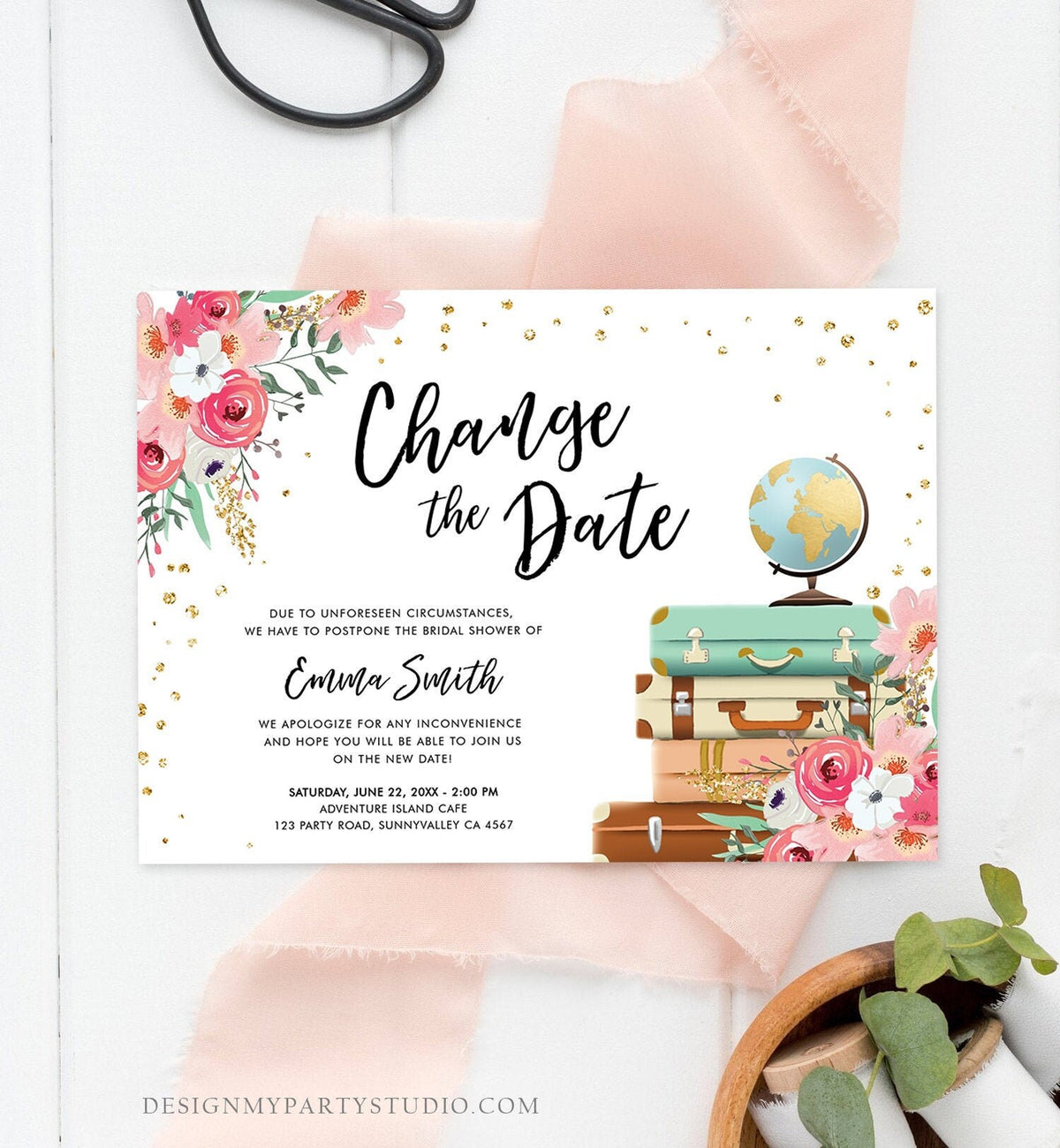 Editable Change the Date Announcement Bridal Shower Wedding Postponement Change of Plans Travel Adventure Pink Floral Corjl Template 0030