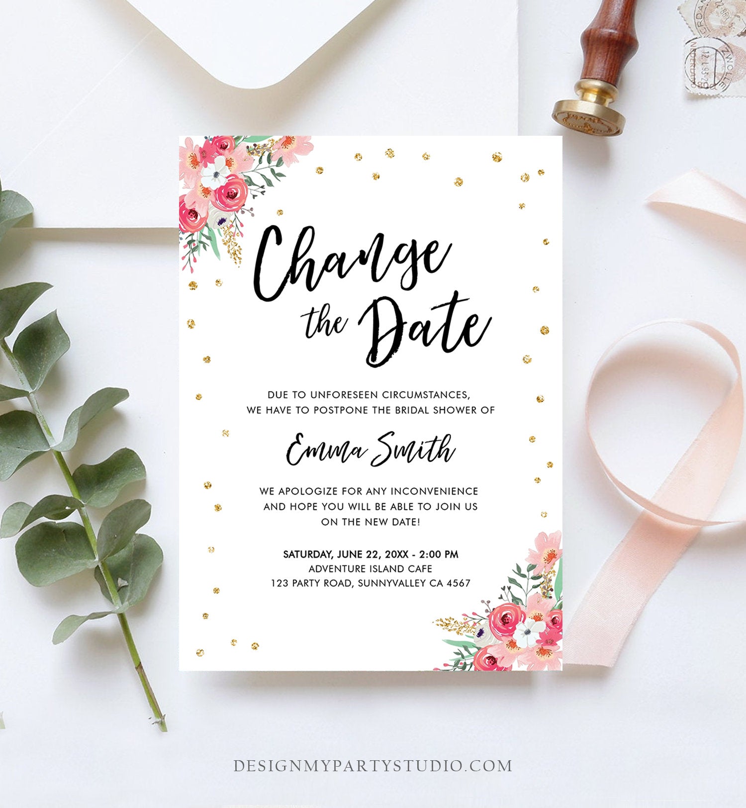 Editable Change the Date Announcement Bridal Shower Wedding Postponement Change of Plans Confetti Gold Pink Floral Corjl Template 0030