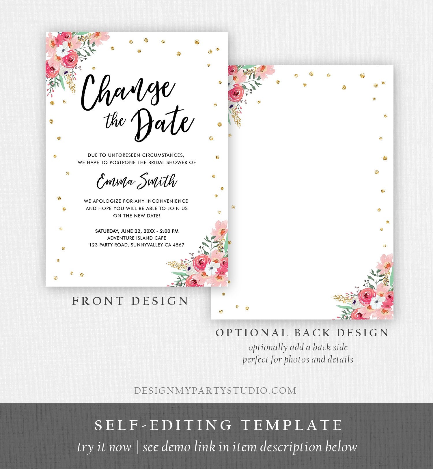 Editable Change the Date Announcement Bridal Shower Wedding Postponement Change of Plans Confetti Gold Pink Floral Corjl Template 0030