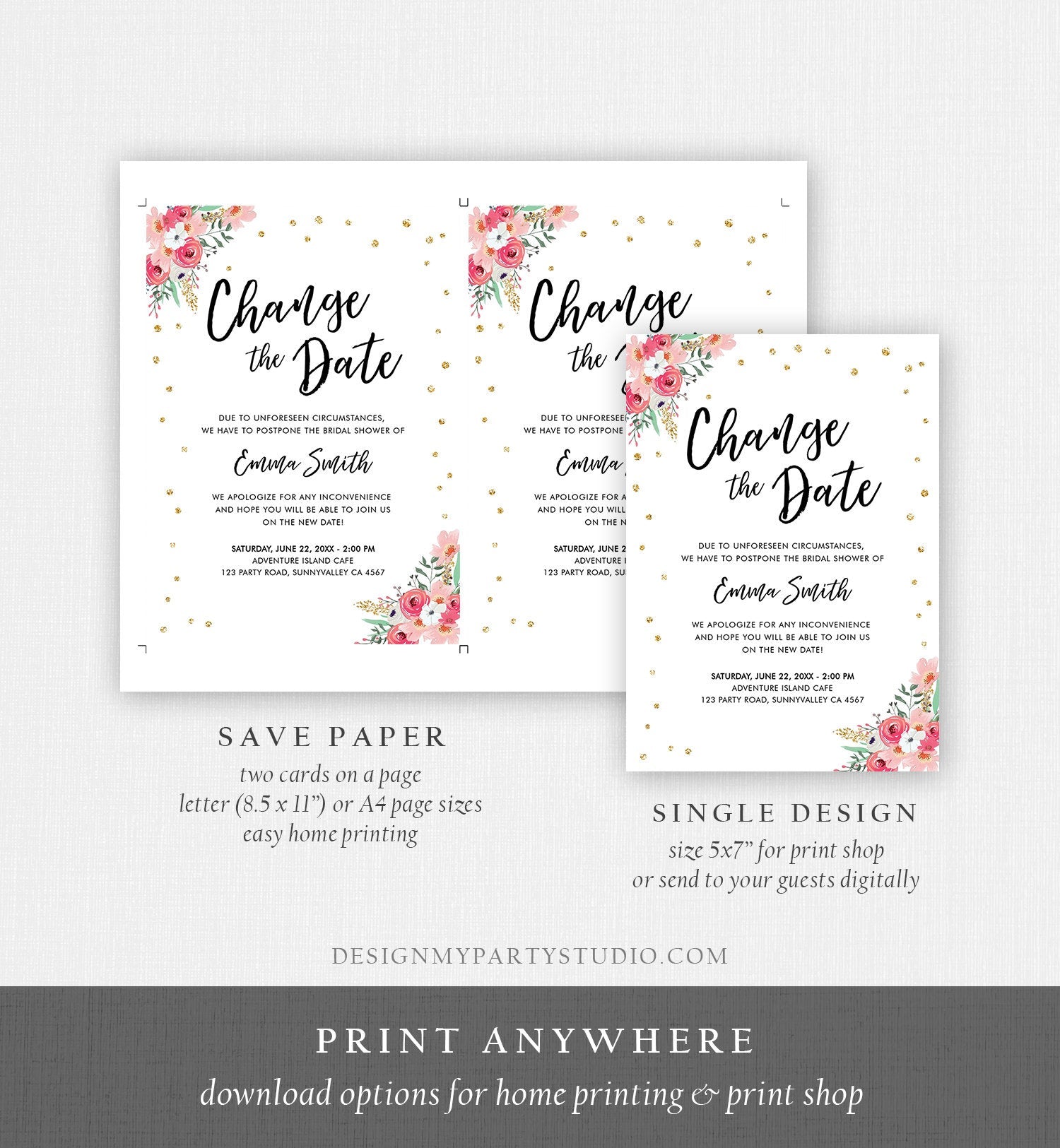 Editable Change the Date Announcement Bridal Shower Wedding Postponement Change of Plans Confetti Gold Pink Floral Corjl Template 0030