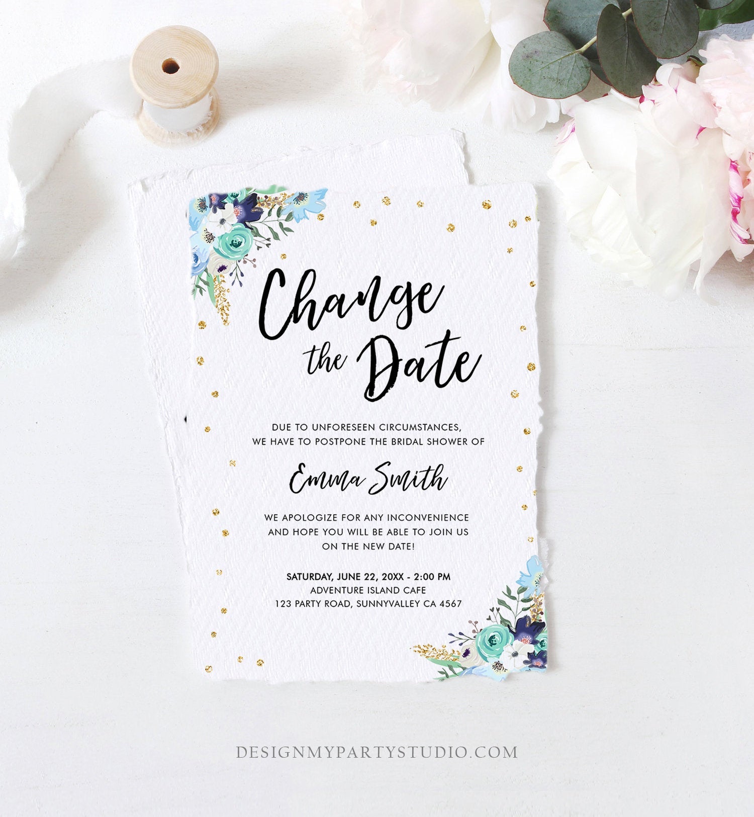 Editable Change the Date Announcement Bridal Shower Wedding Postponement Change of Plans Confetti Gold Blue Floral Corjl Template 0030