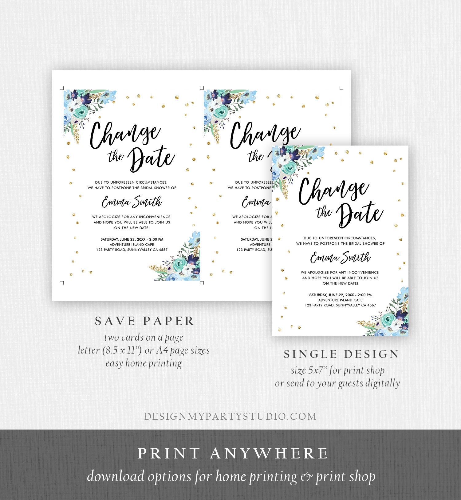 Editable Change the Date Announcement Bridal Shower Wedding Postponement Change of Plans Confetti Gold Blue Floral Corjl Template 0030