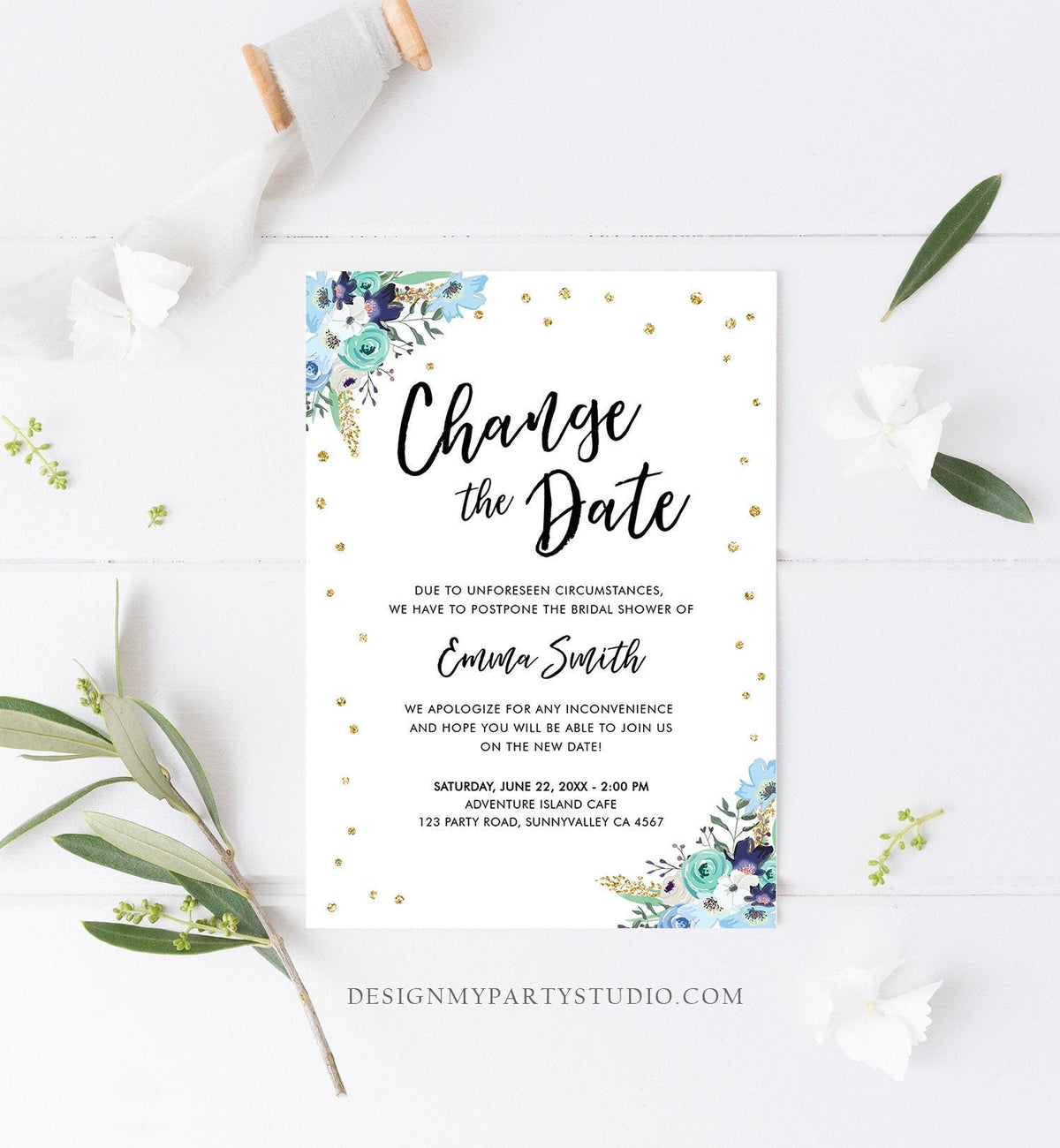 Editable Change the Date Announcement Bridal Shower Wedding Postponement Change of Plans Confetti Gold Blue Floral Corjl Template 0030