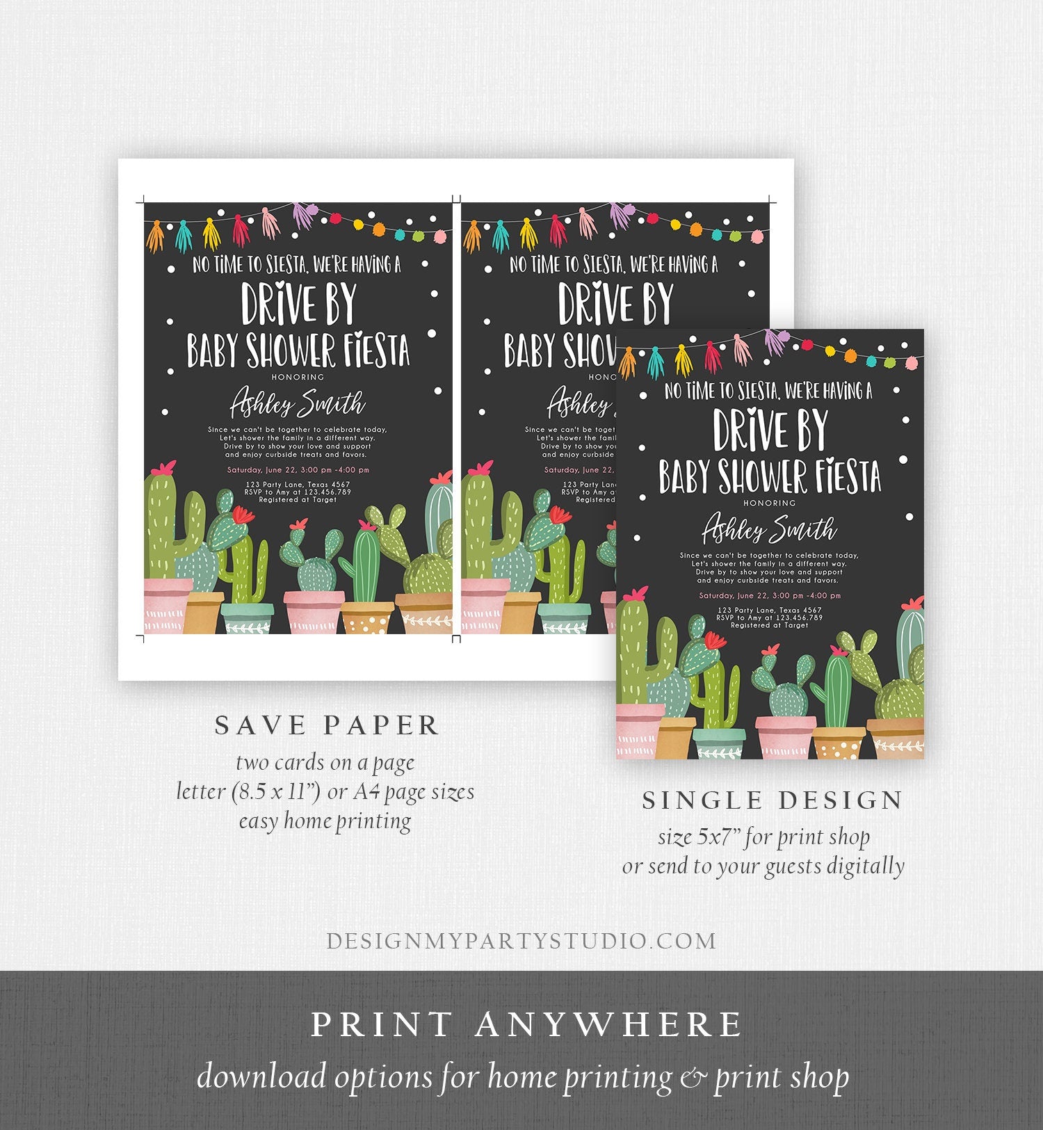 Editable Drive By Baby Shower Fiesta Invitation Cactus No Time to Siesta Coed Shower Drive Through Quarantine Sprinkle Corjl Template 0254