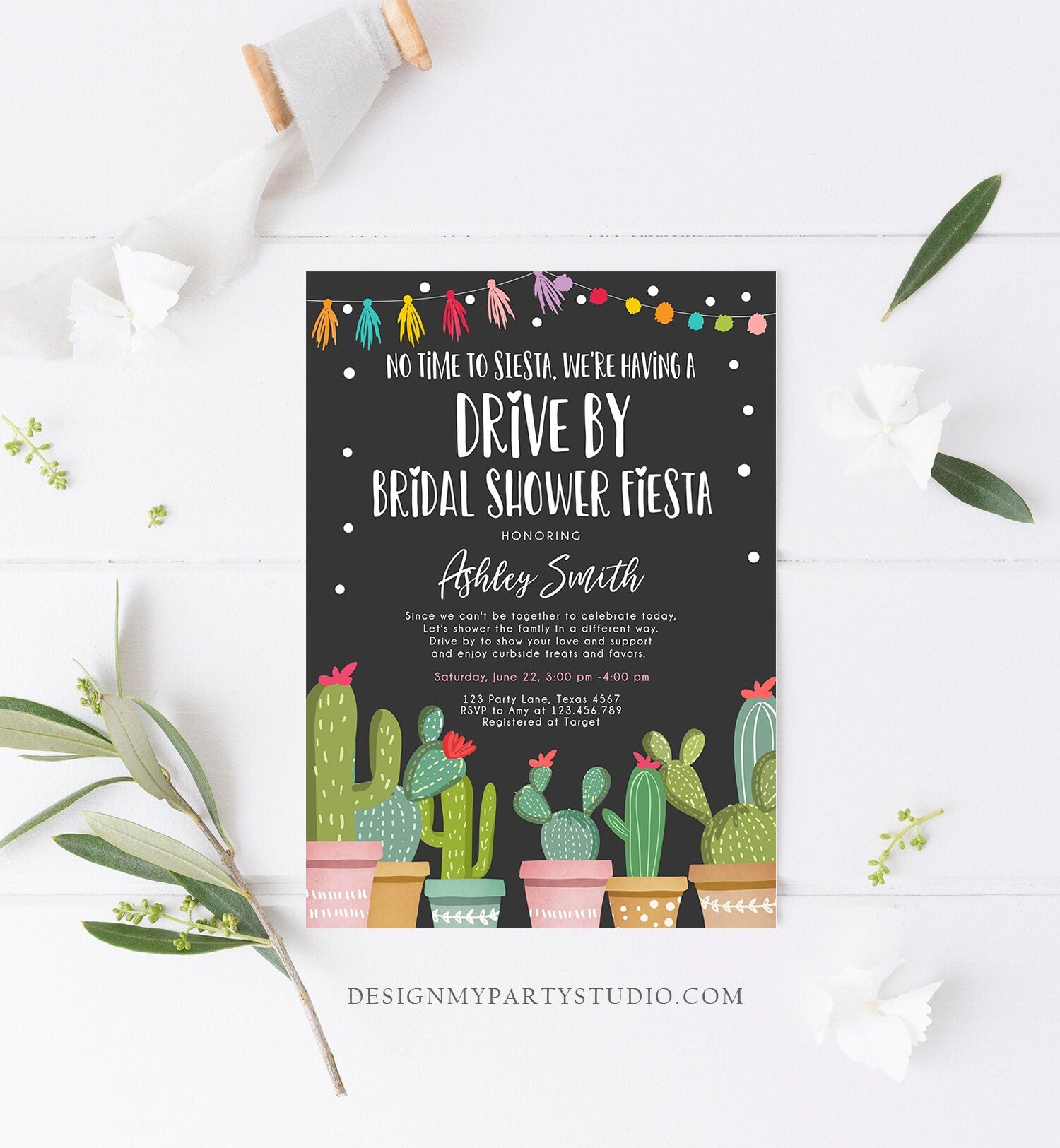 Editable Drive By Bridal Shower Fiesta Invitation Cactus No Time to Siesta Couples Shower Drive Through Quarantine Corjl Template 0254