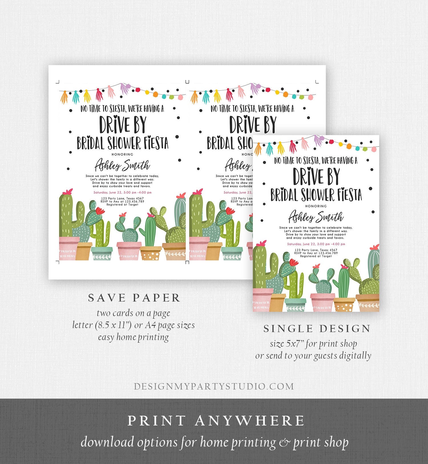 Editable Drive By Bridal Shower Fiesta Invitation Cactus No Time to Siesta Couples Shower Drive Through Quarantine Corjl Template 0254