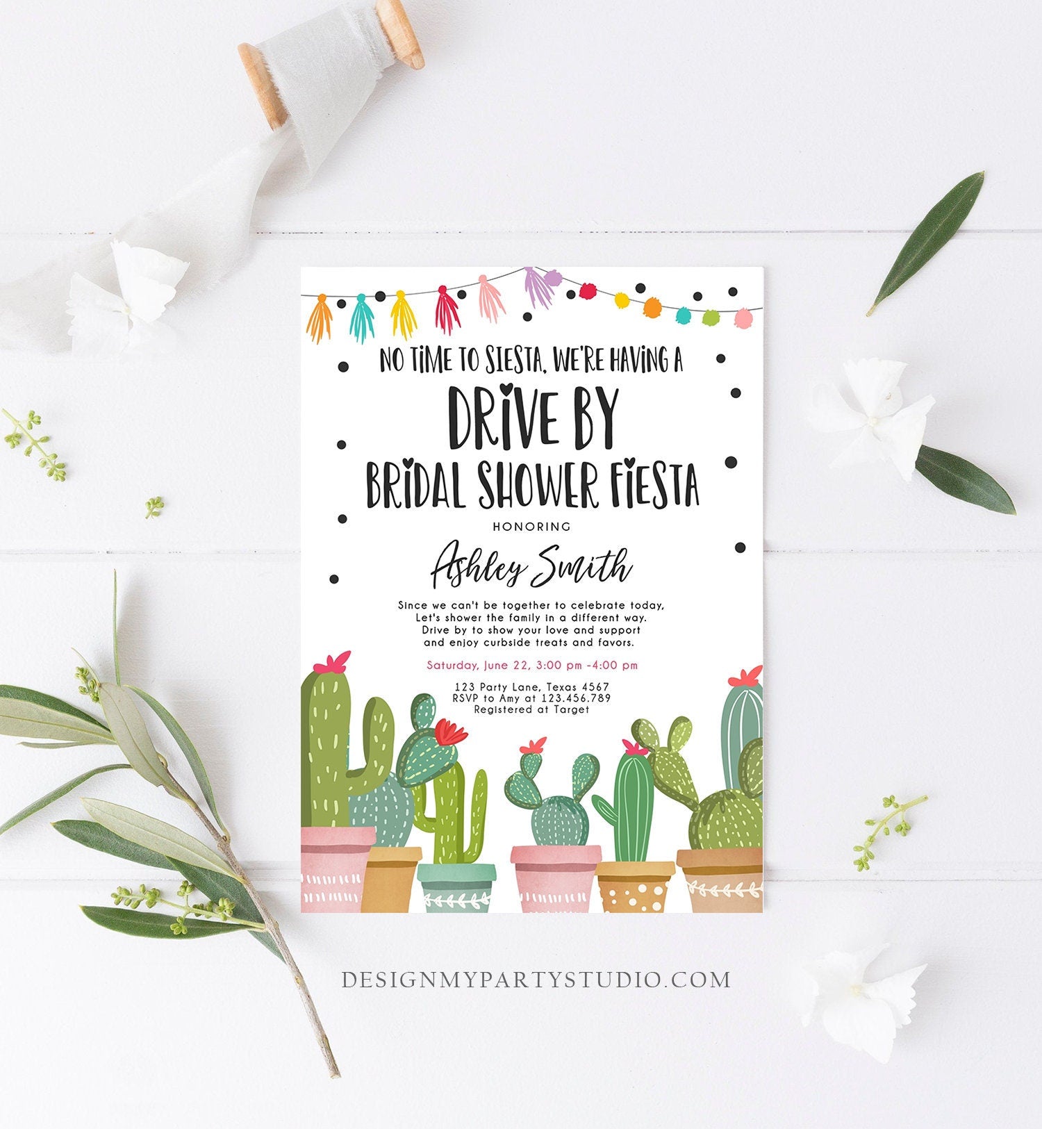 Editable Drive By Bridal Shower Fiesta Invitation Cactus No Time to Siesta Couples Shower Drive Through Quarantine Corjl Template 0254