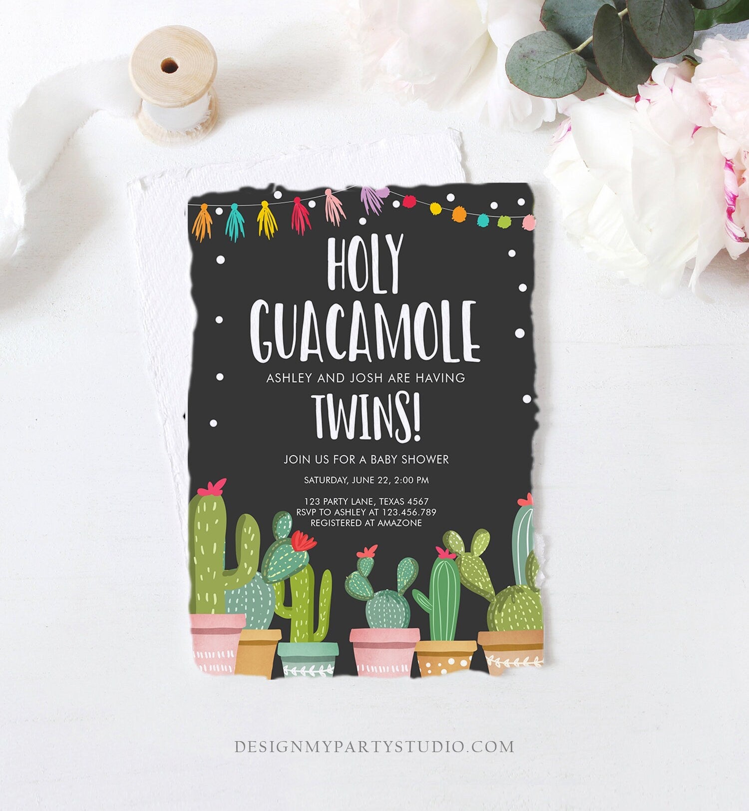 Editable Holy Guacamole Fiesta Twins Baby Shower Invitation Twin Coed Joined Sprinkle Cactus Mexican Succulent Corjl Template Printable 0254